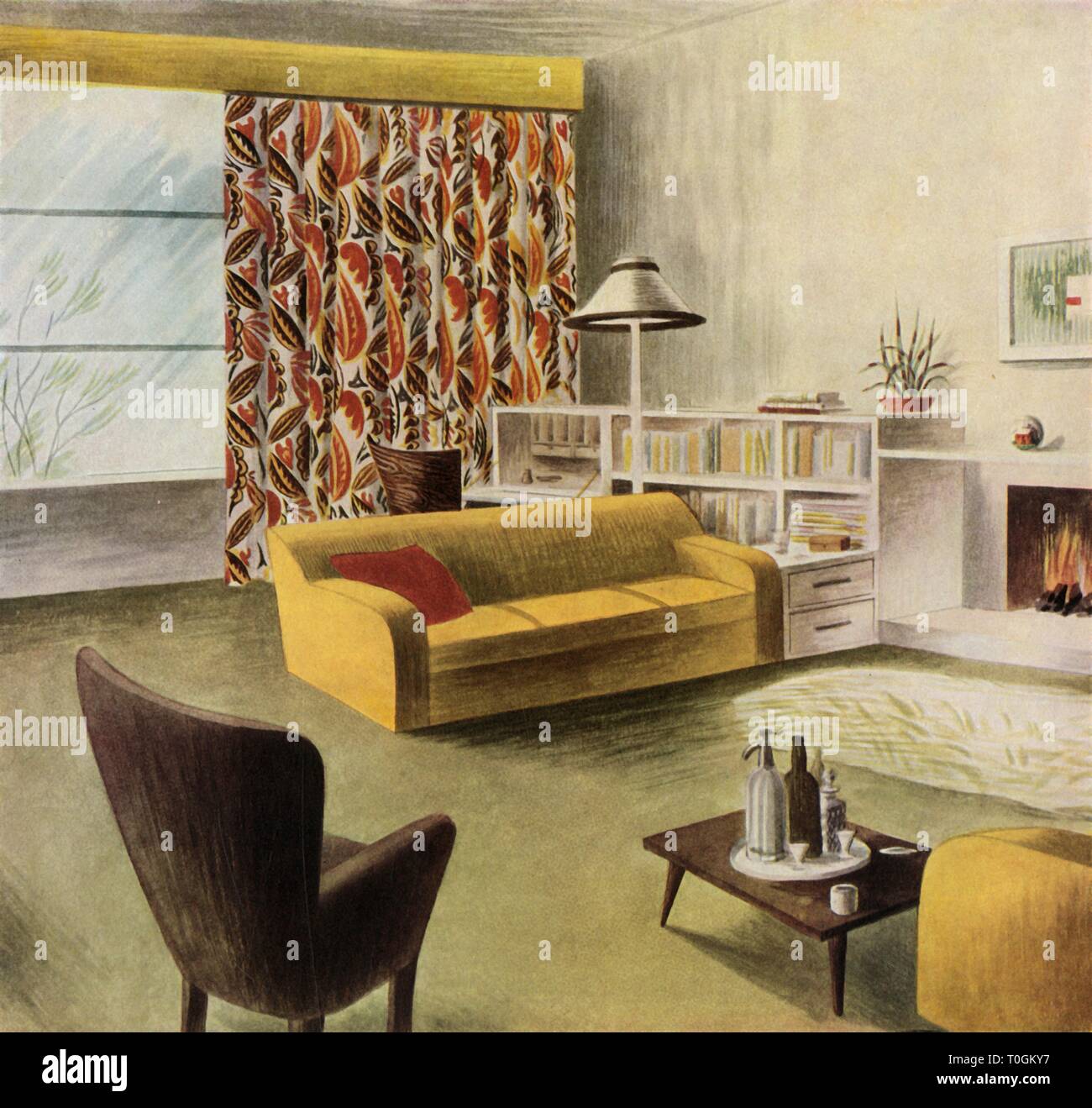 40er Jahre style Wohnzimmer mit gemusterten Sofa und eine furnierte  Couchtisch Stockfotografie - Alamy