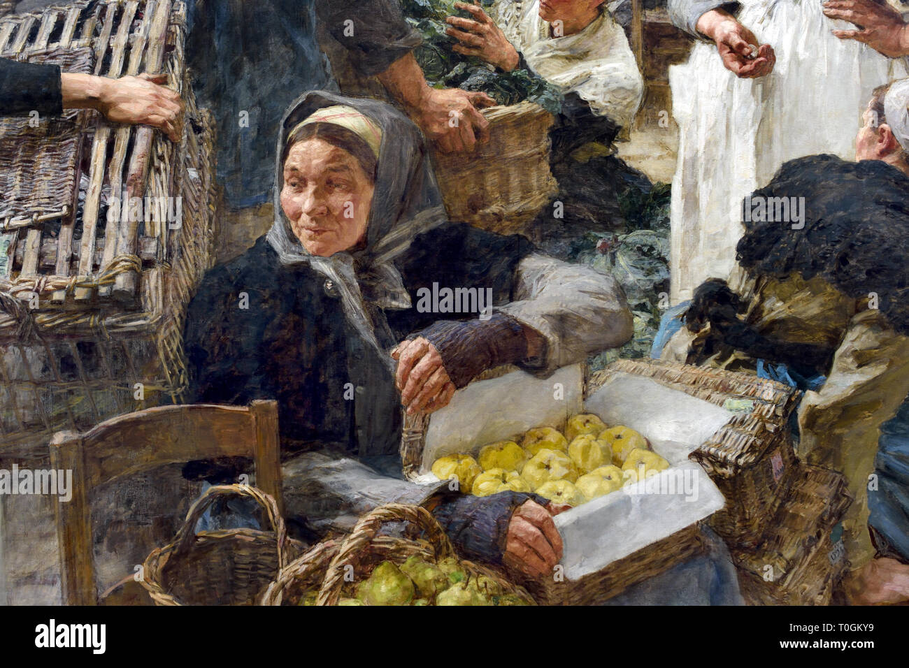 Les Halles 1895 Léon Lhermitte 1844-1925, Französisch, Frankreich. (Les Halles de Paris - Die Hallen, war Paris der zentralen Markt mit frischen Lebensmitteln. Das Hotel liegt im Herzen der Stadt, es wurde 1971 abgerissen und ersetzt mit dem Forum des Halles, einem modernen Einkaufszentrum) Stockfoto