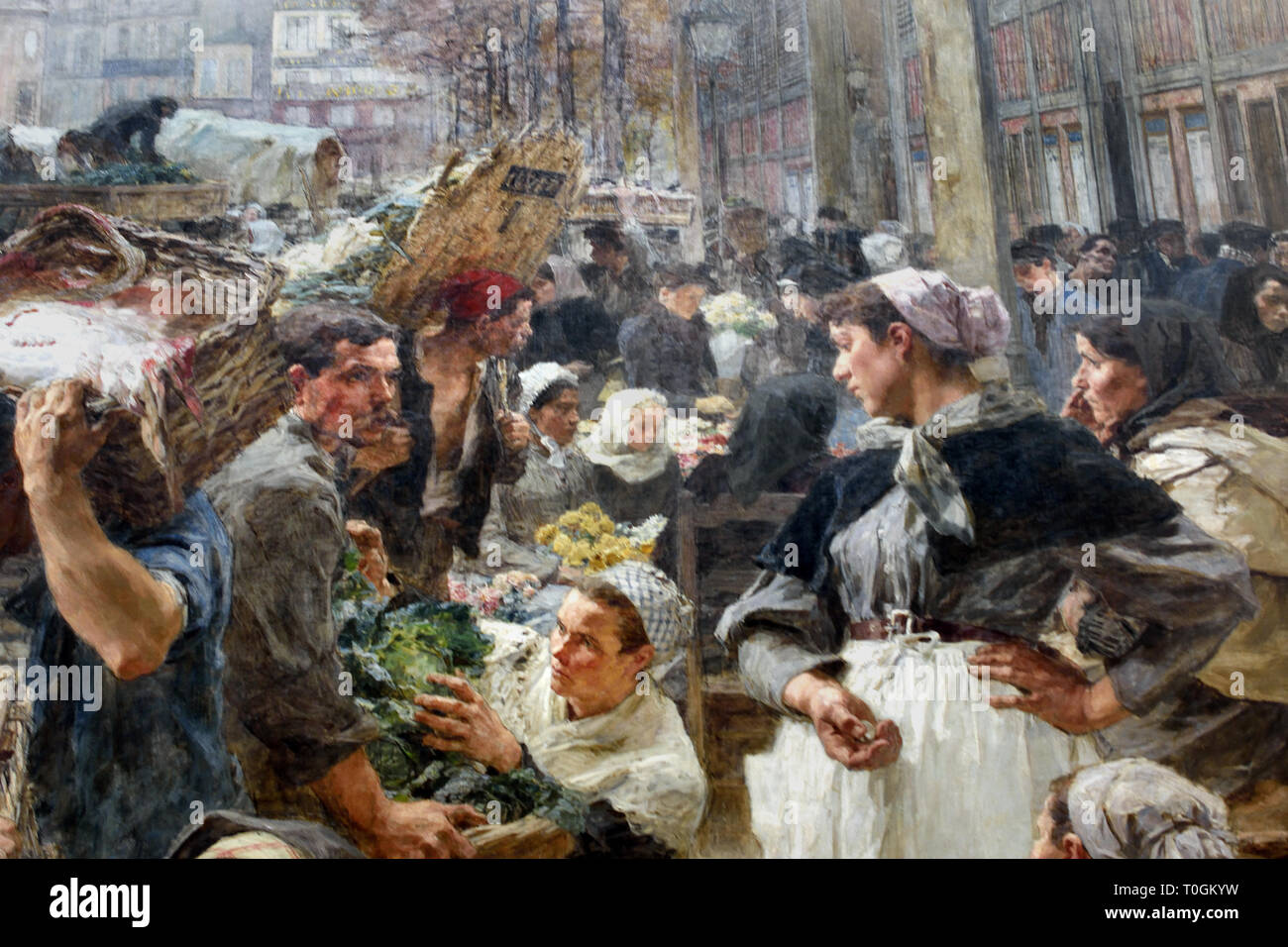 Les Halles 1895 Léon Lhermitte 1844-1925, Französisch, Frankreich. (Les Halles de Paris - Die Hallen, war Paris der zentralen Markt mit frischen Lebensmitteln. Das Hotel liegt im Herzen der Stadt, es wurde 1971 abgerissen und ersetzt mit dem Forum des Halles, einem modernen Einkaufszentrum) Stockfoto