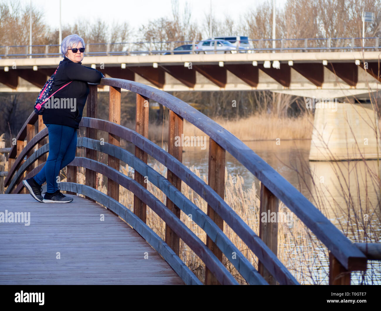 Eine ältere Frau mit weißen Haaren in eine hölzerne Brücke posing Stockfoto