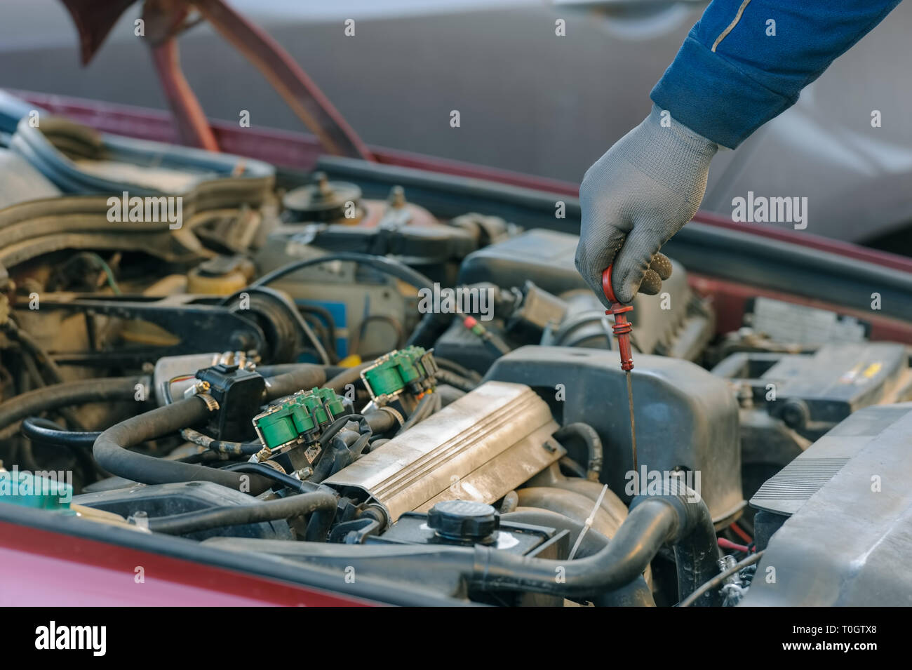 Motor Ölwechsel am Auto mit Flüssiggas system Stockfoto