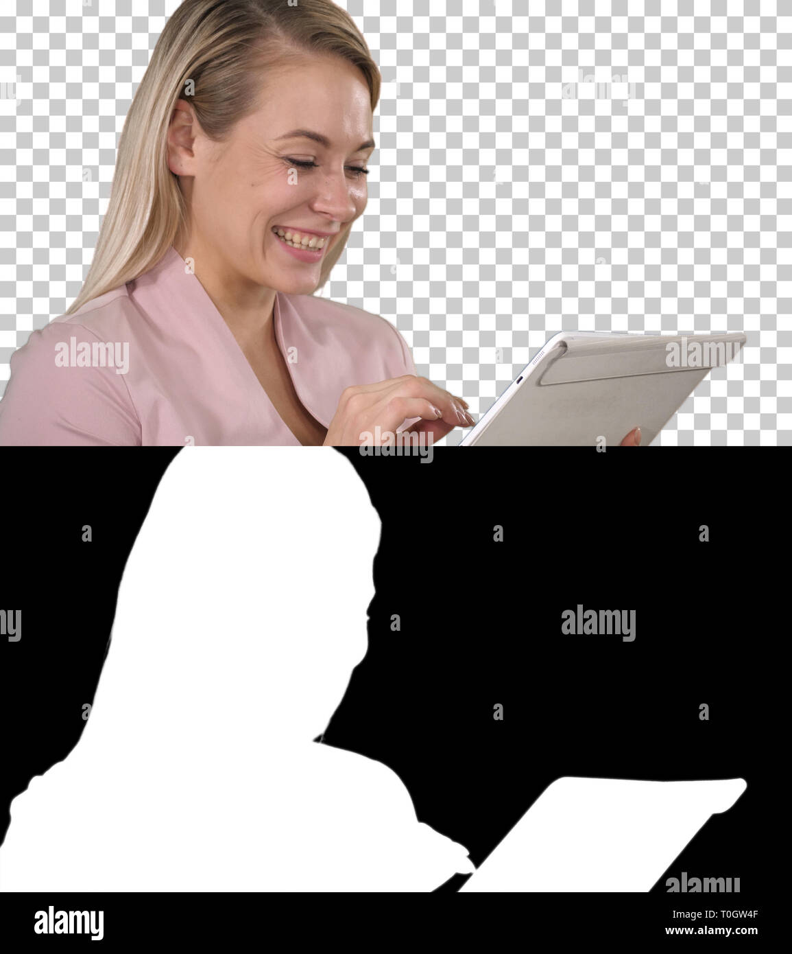 Lächelnd Geschäftsfrau mit einem Tablet-PC, Alphakanal Stockfoto