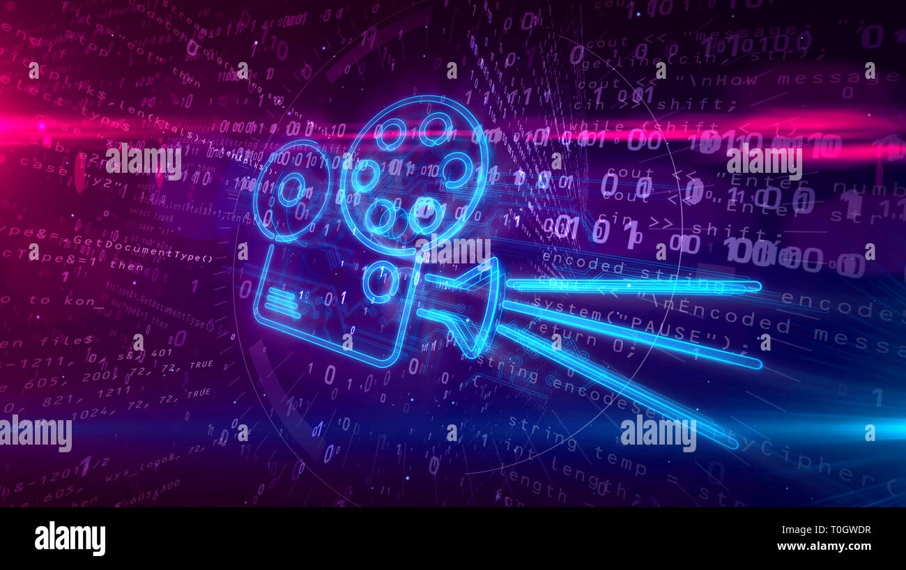 Retro Film Projektor Hologramm auf digitalen Hintergrund. 5 G, die TV-Ausstrahlung, Player, privates Kino, Animationen, Streaming und internet Übertragung abst Stockfoto