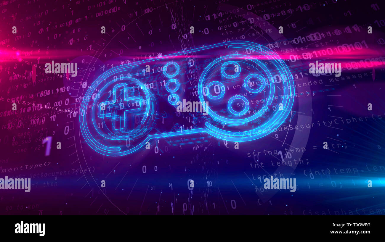 Retro Gamepad Controller Hologramm auf digitalen Hintergrund. 5G, Gaming, spielen, Pad und online Spiel abstrakte Konzept 3D-Abbildung. Stockfoto