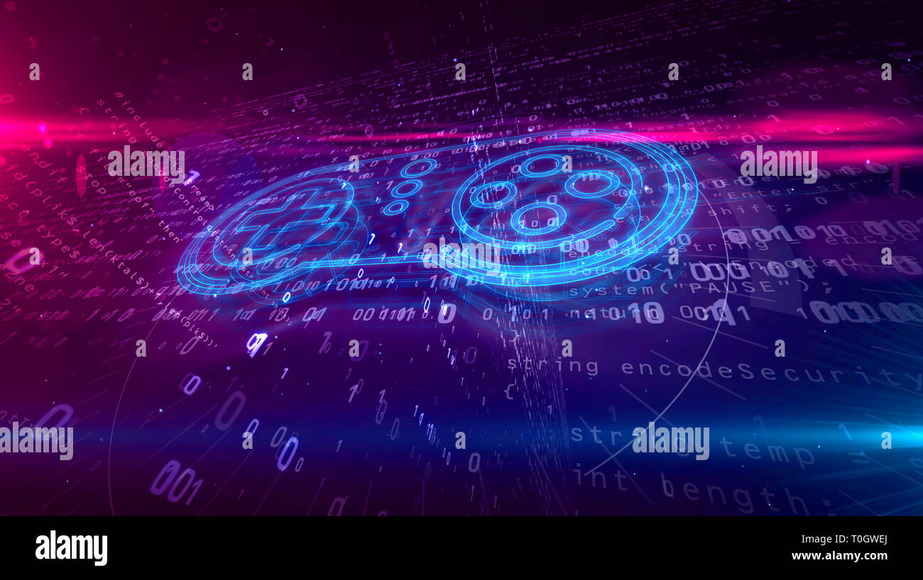 Retro Gamepad Controller Hologramm auf digitalen Hintergrund. 5G, Gaming, spielen, Pad und online Spiel abstrakte Konzept 3D-Abbildung. Stockfoto