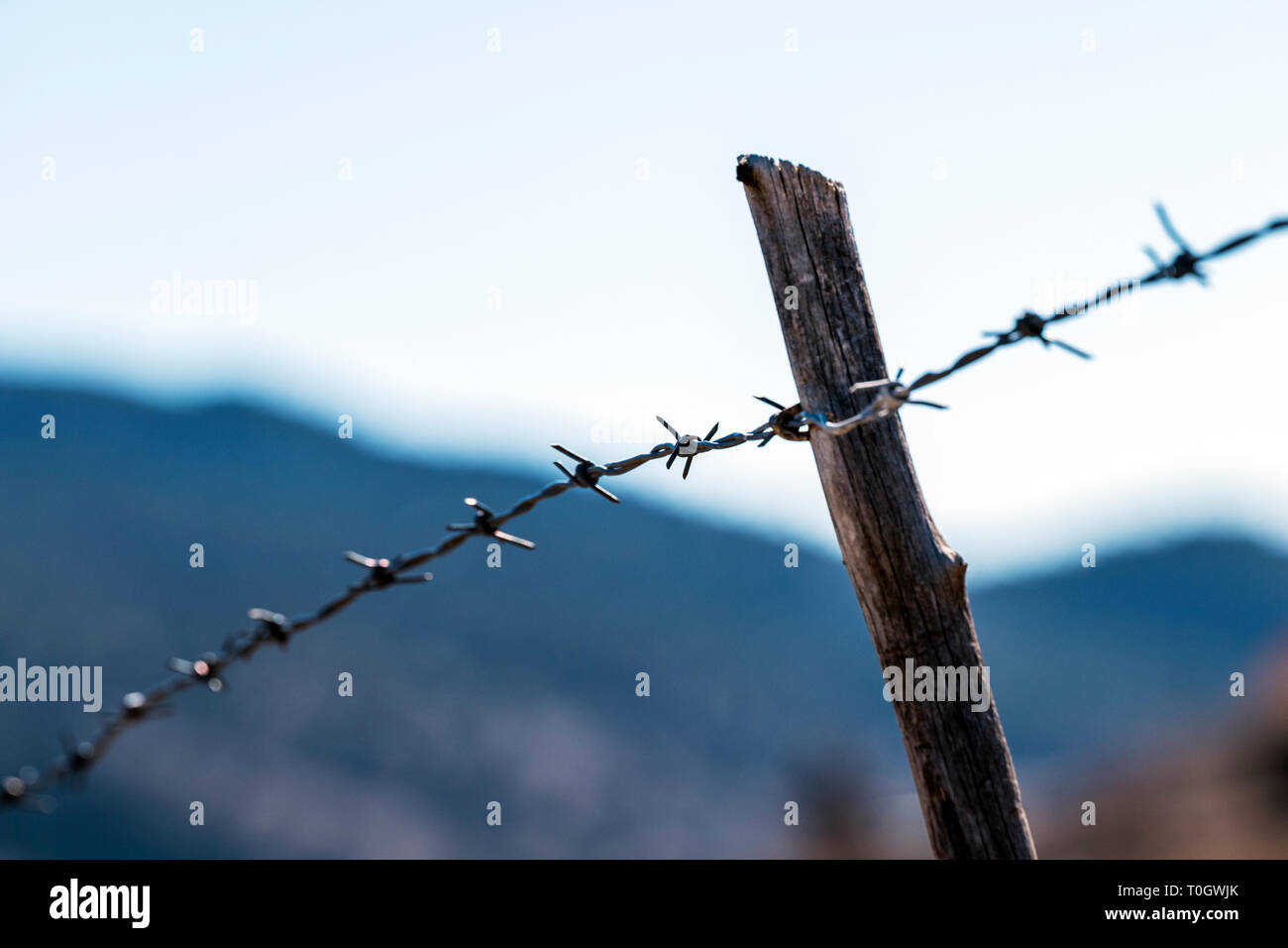In der Nähe von Stacheldraht zaun & Holzzaun Post; Ranch in Colorado, USA Stockfoto