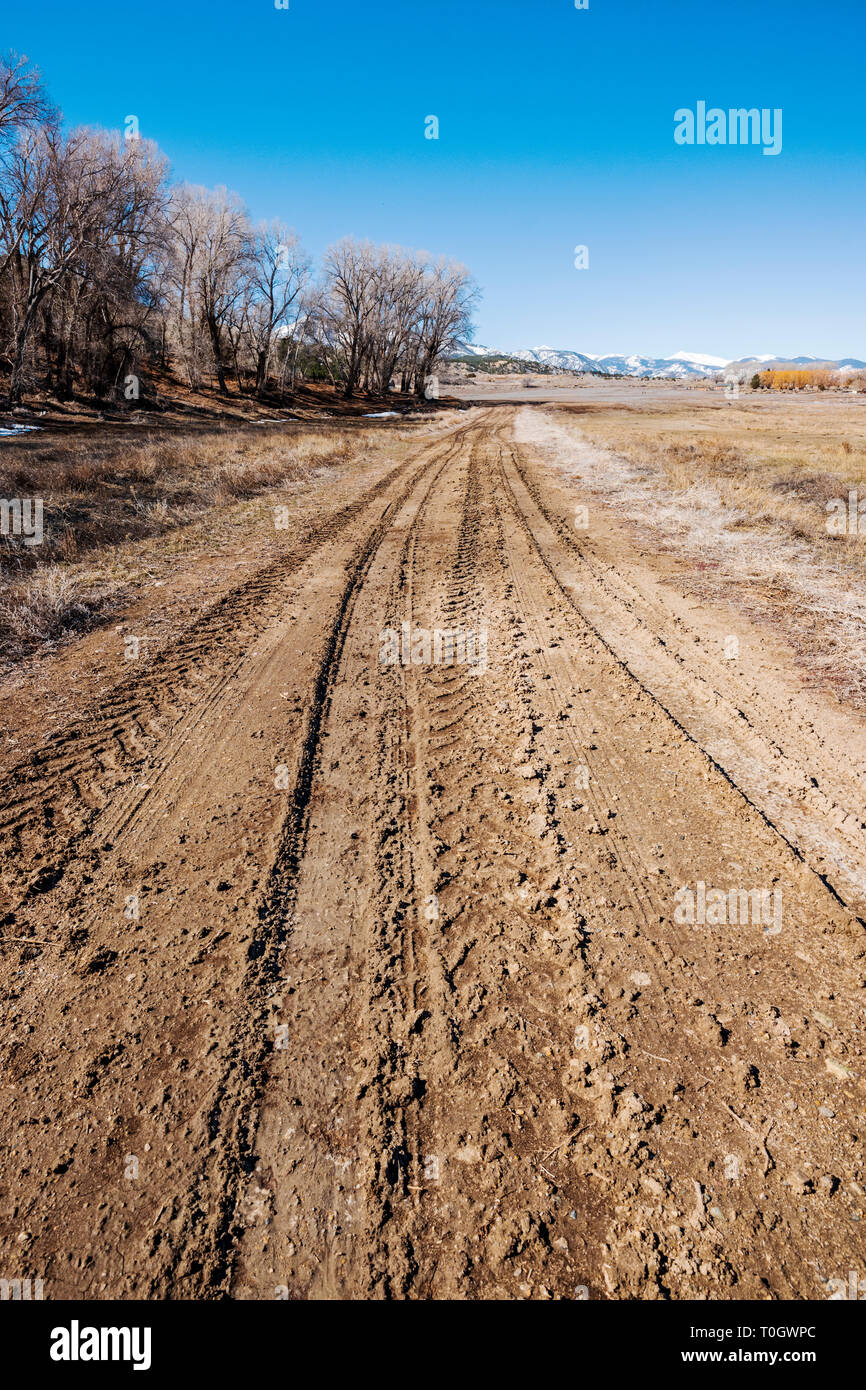Schlammigen Spuren auf einer Ranch dirt road; Colorado; USA Stockfoto