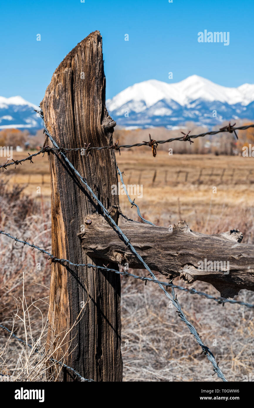 In der Nähe von Stacheldraht zaun & Holzzaun Post; Ranch in Colorado, USA Stockfoto