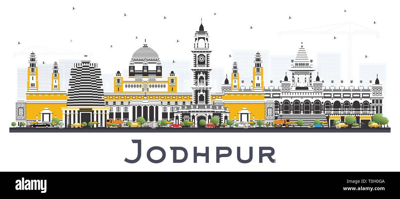 Jodhpur Indien Skyline der Stadt mit Farbe Gebäude isoliert auf Weiss. Vector Illustration. Business Travel und Konzept mit historischer Architektur. Stock Vektor
