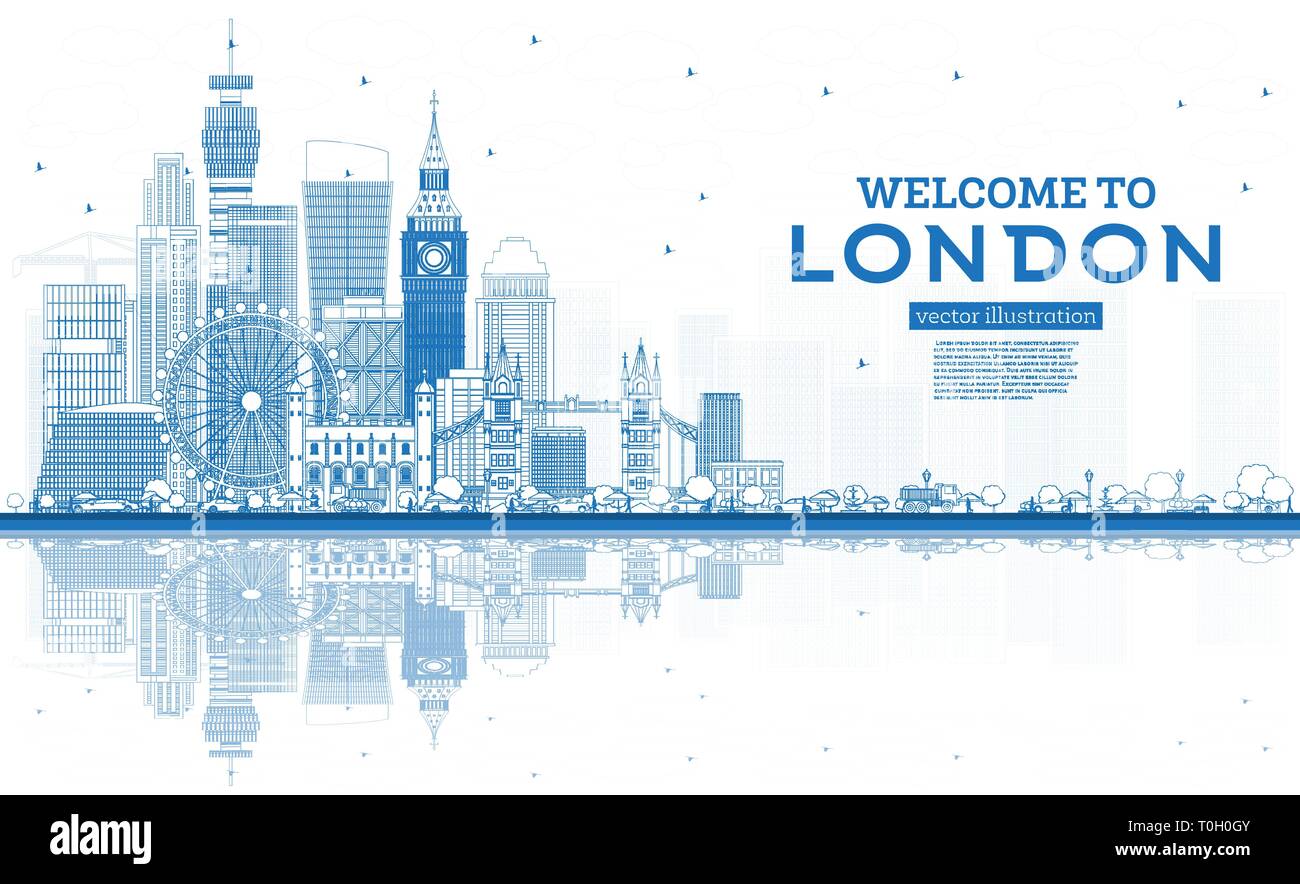 Überblick Willkommen bei London England Skyline mit blauen Gebäude und Reflexionen. Vector Illustration. Tourismus Konzept mit moderner Architektur. London. Stock Vektor
