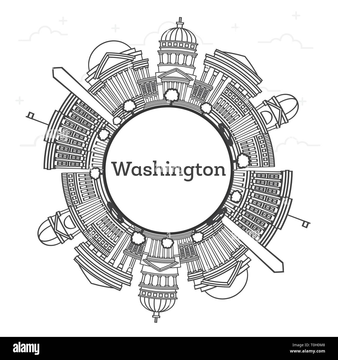 Umrisse Washington DC USA Skyline der Stadt mit modernen Gebäuden und Kopieren Raum isoliert auf Weiss. Vector Illustration. Stock Vektor