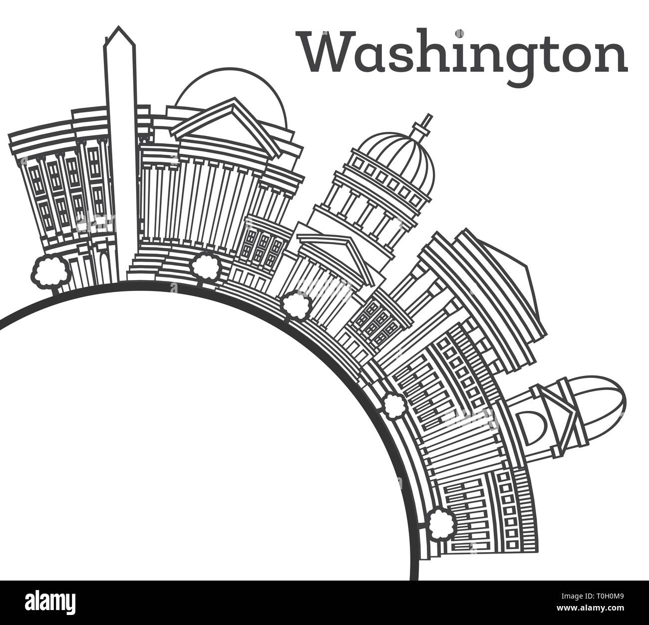 Umrisse Washington DC USA Skyline der Stadt mit modernen Gebäuden und Kopieren Raum isoliert auf Weiss. Vector Illustration. Stock Vektor