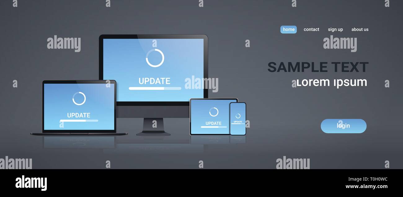 Die Software für den Internetzugang Installation neue Gadgets system tablet Smartphone pc-Bildschirm Netzwerk Technologie Konzept grauer Hintergrund Kopie Raum aktualisieren Stock Vektor