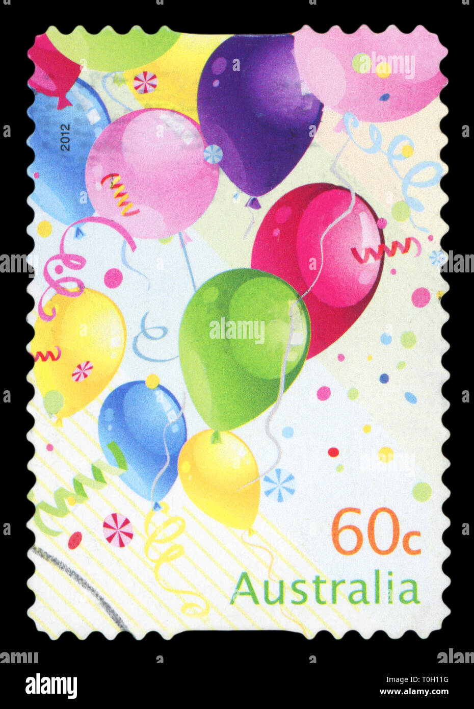 Australien - ca. 2012: einen Stempel in Australien gedruckten zeigt die Geburtstag feiern - Ballone, circa 2012. Stockfoto