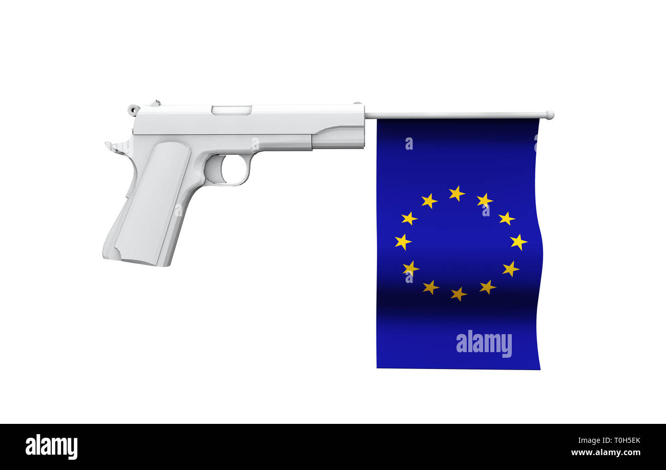 Europäische Union Gun Control Konzept. Hand gun mit National Flagge Stockfoto