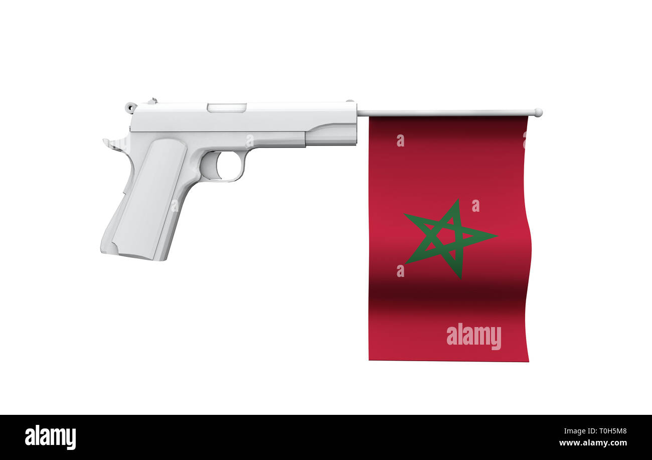 Marokko Gun Control Konzept. Hand gun mit National Flagge Stockfoto