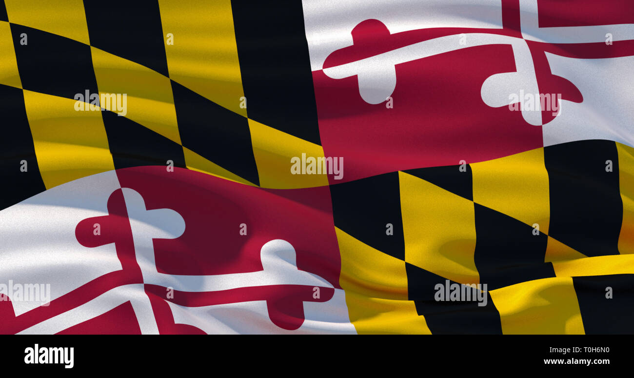 Flatternden Seide Flagge Maryland State, Vereinigte Staaten von Amerika. Maryland Fahne im Wind, farbigen Hintergrund. 3D-Darstellung Stockfoto