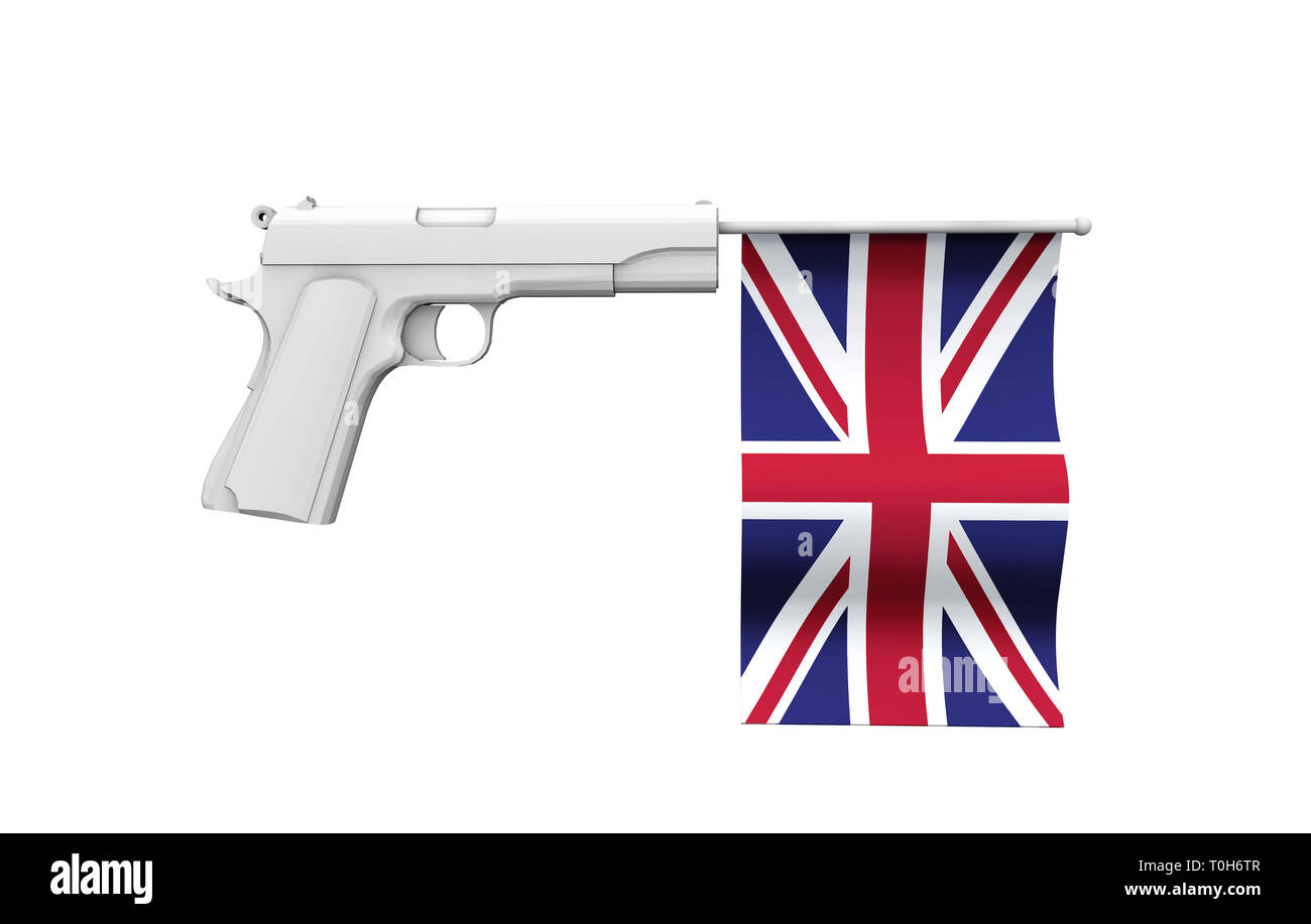 Vereinigtes Königreich Gun Control Konzept. Hand gun mit National Flagge Stockfoto