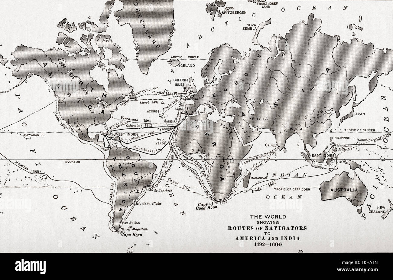 Weltkarte mit Routen von navigatoren nach Amerika und Indien Stockfoto