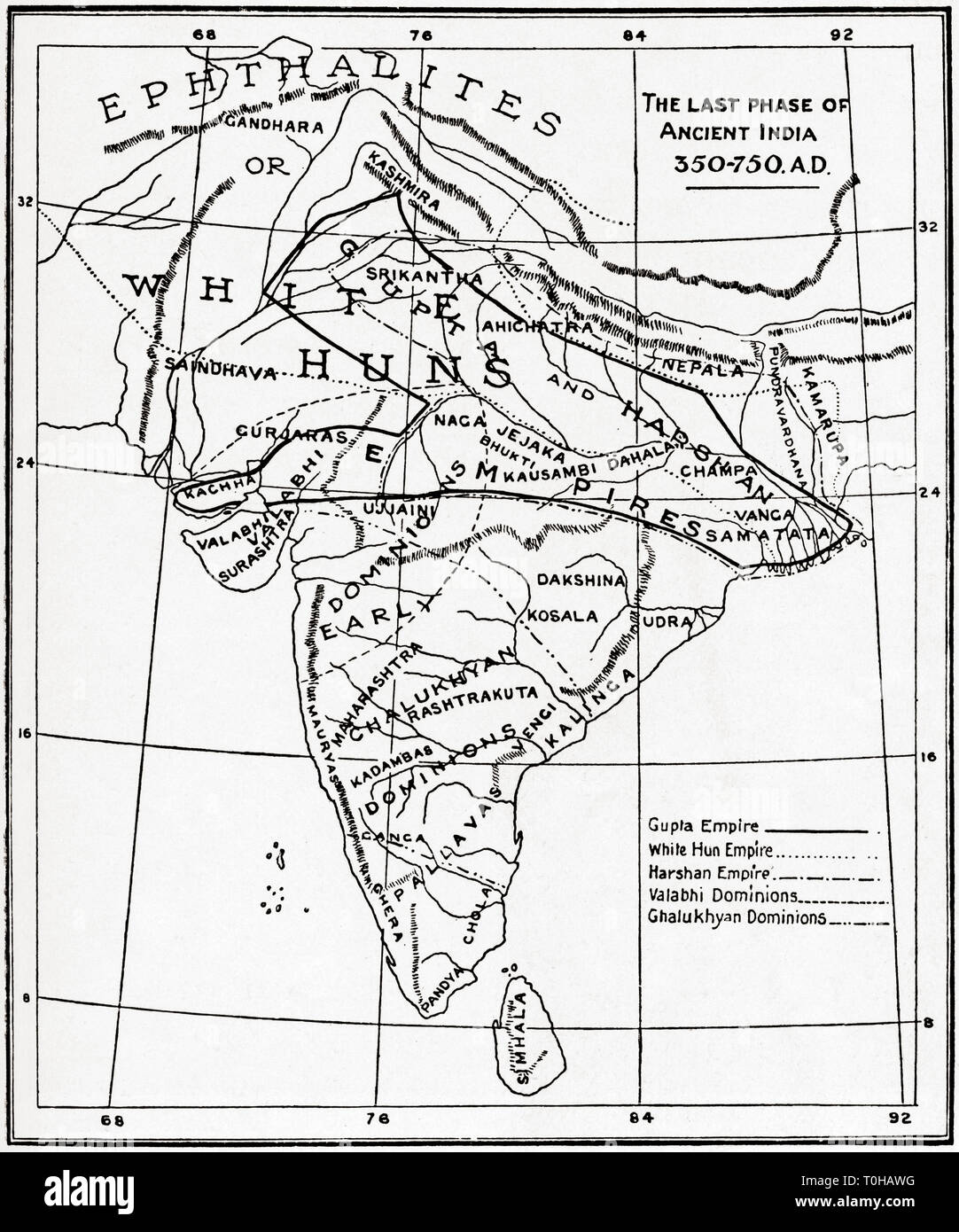 Karte von der letzten Phase des alten Indien, 350, 750 AD Stockfoto