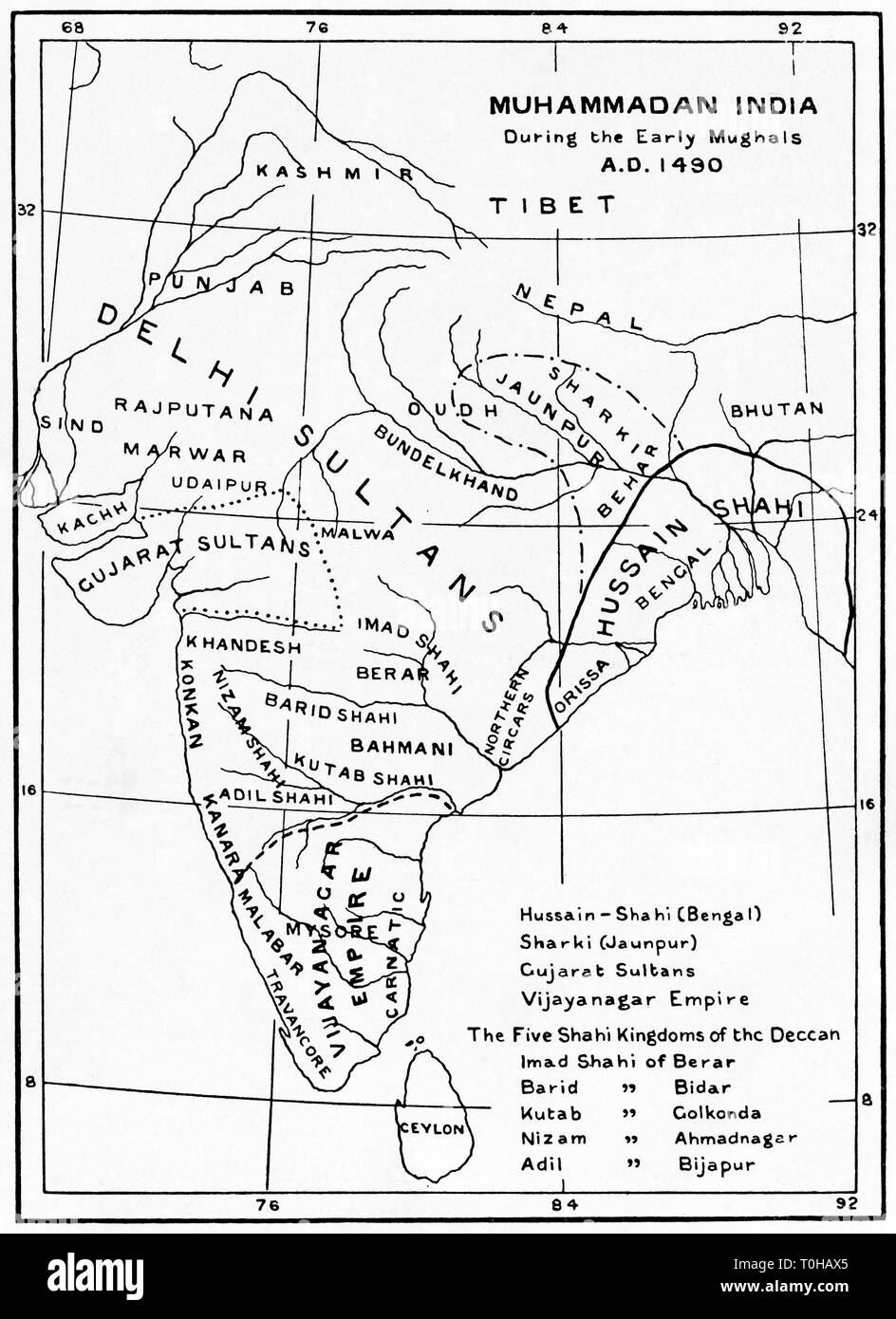 Karte von Muhammadan Indien, Beginn des Mogulreiches, indische Karte, 1490 Stockfoto