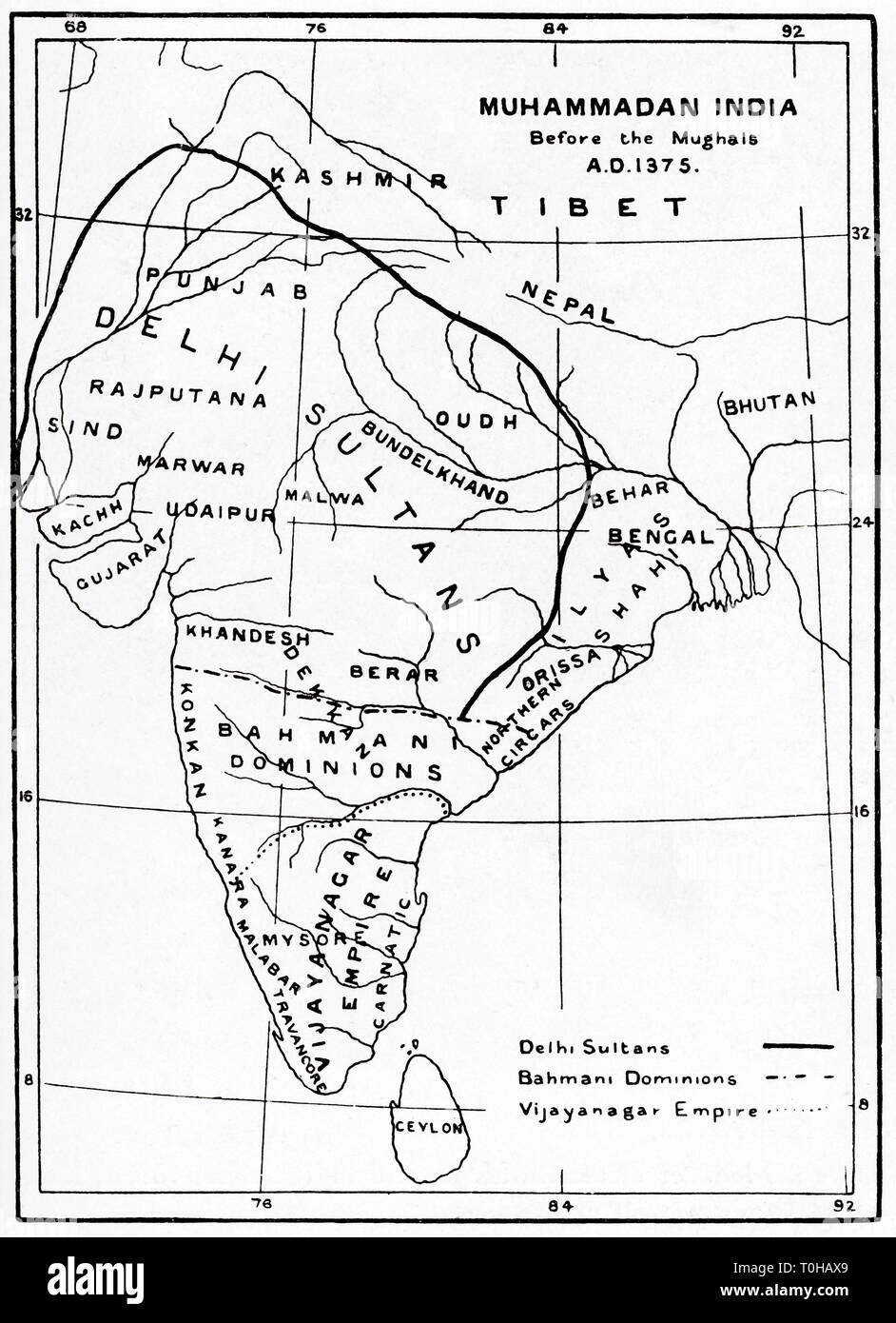 Karte von muhammadan Indien vor Mughal circa, 1375 Stockfoto