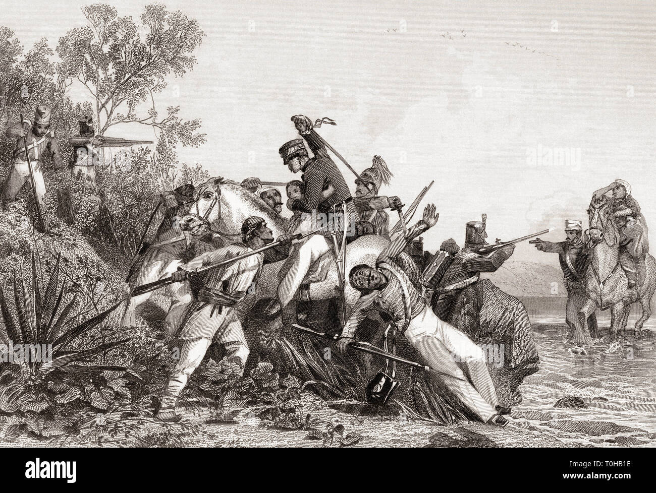 Flüchtige britische Offiziere und ihre Familien wurden von Meuterer angegriffen, Indien, indische Meuterei, Sepoy Meuterei, alte Gravur aus dem Jahr 1800s Stockfoto