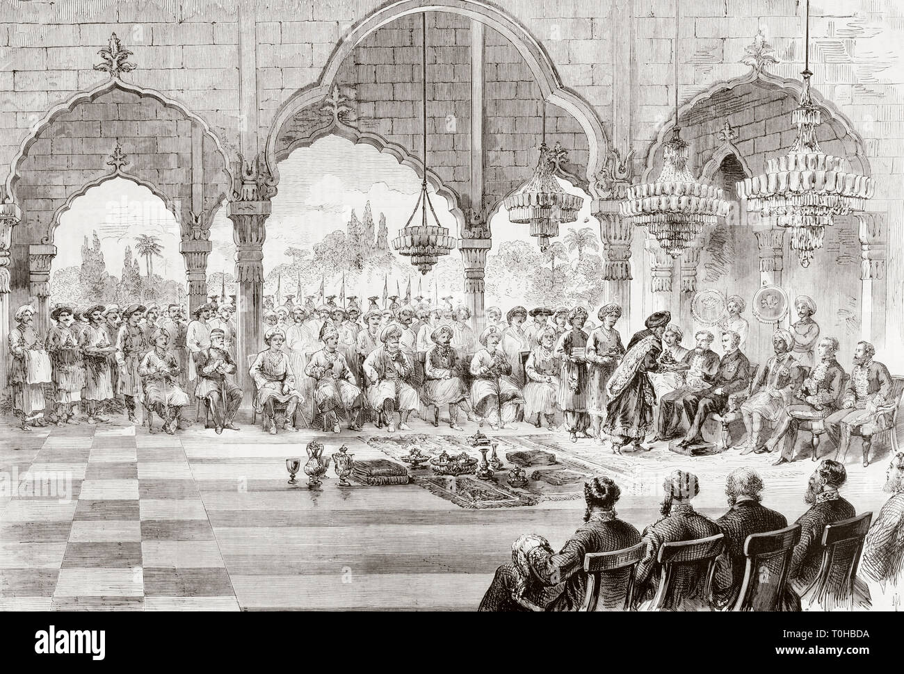 Empfang für Generalgouverneur von Indien durch Rajah von Lucknow im Jahr 1868 alter Jahrgang 1800s Gravur Indian Stockfoto