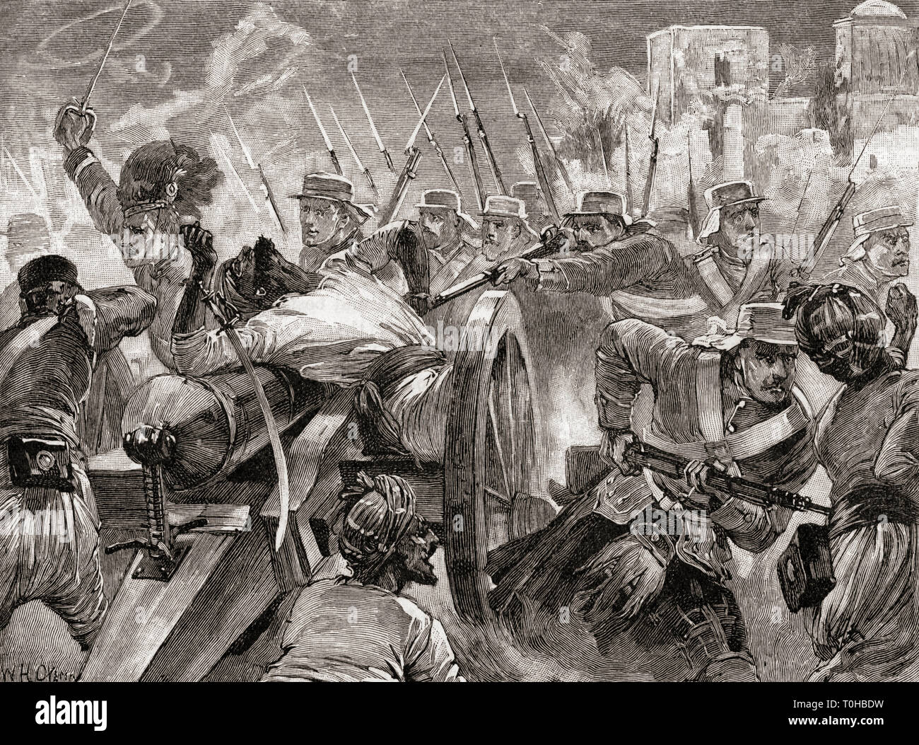 Soldaten unter dem Kommando des Generalmajors Sir Henry Havelock erobern Waffen bei Cawnpore Kanpur Uttar Pradesh India Indian Mutiny Sepoy Mutiny alten Vintage 1800s Gravur zurück Stockfoto