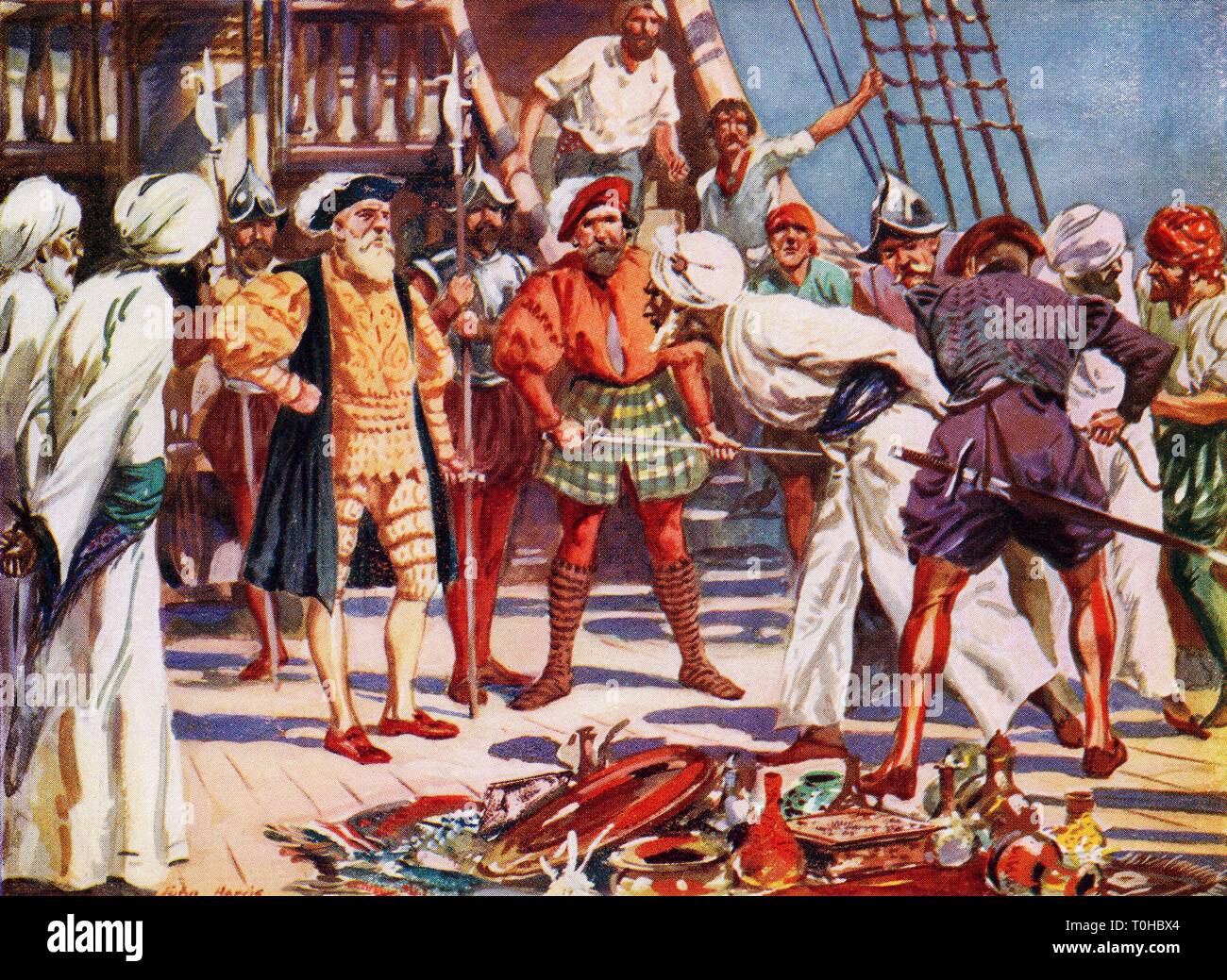 Vasco da Gama; portugiesischer Entdecker; Kaufleute von Calicut als Geiseln während der Reise gehalten; 1. Graf von Vidigueira; Kozhikode; Kerala; Indien; Asien Stockfoto