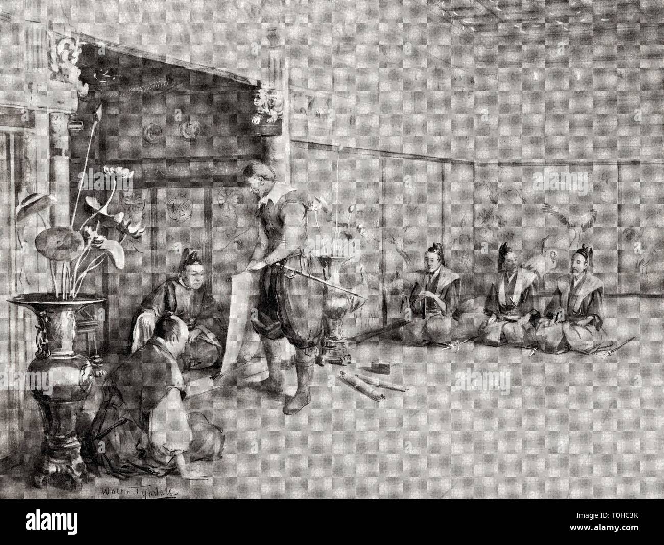 Leyasu gibt ein Publikum zu will Adams, William Adams, 1600, Tokugawa Ieyasu, Tokugawa Shogunate von Japan, alte Vintage-Gravur Stockfoto