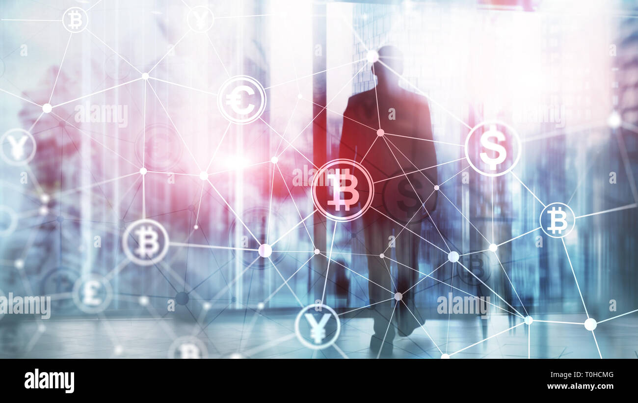 Double Exposure Bitcoin Und Blockchain Konzept Digitale Wirtschaft - 