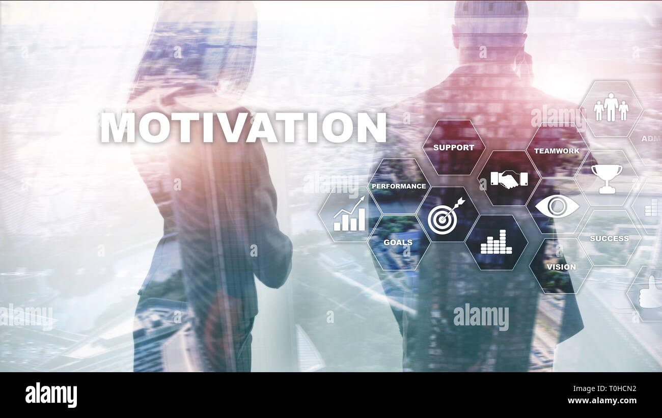 Motivation Konzept mit den Elementen. Business Team. Finanzkonzept auf verschwommenen Hintergrund. Mixed Media Stockfoto