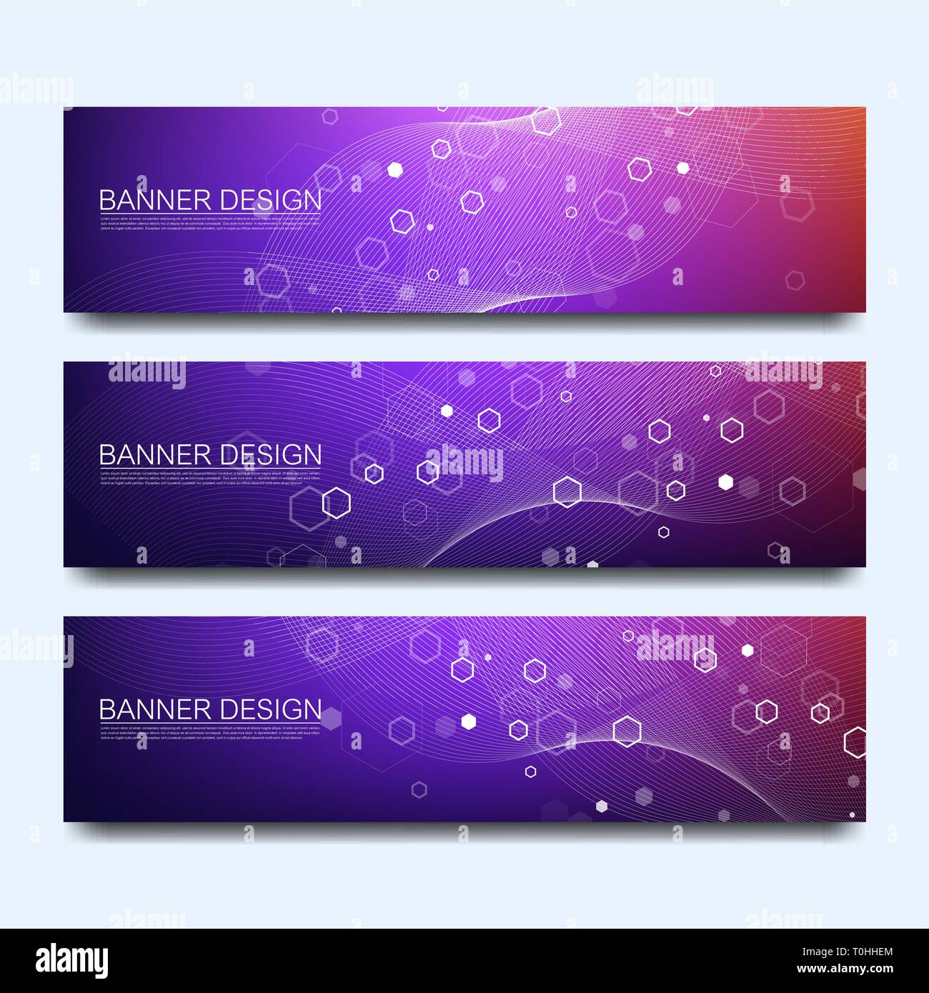 Abstrakte Moleküle Banner mit Linien, Punkte, Kreise, Polygone. Vektor Design Netzwerk kommunikation Hintergrund. Futuristische digitale Wissenschaft Stock Vektor