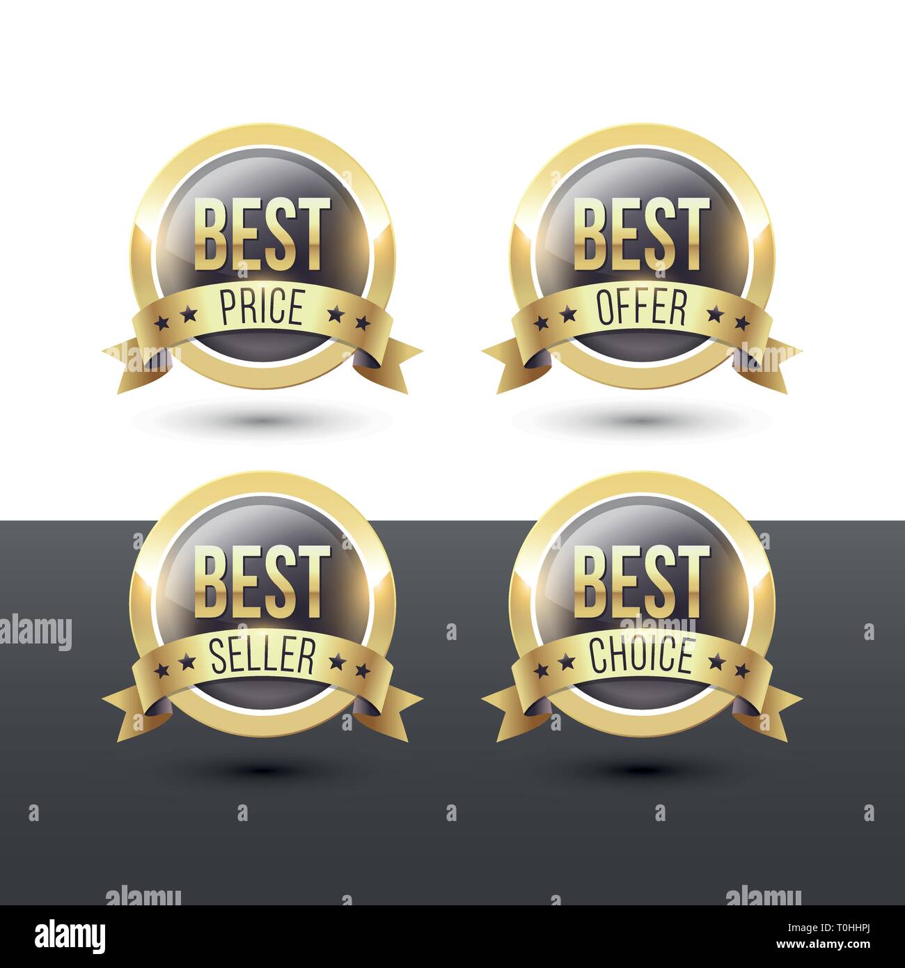 Vector Icons Set von runden hochwertige Etiketten mit metallischem gold Rand und Band-Banner. Beste Preis. Bestes Angebot. Bestseller. Beste Wahl. Stock Vektor