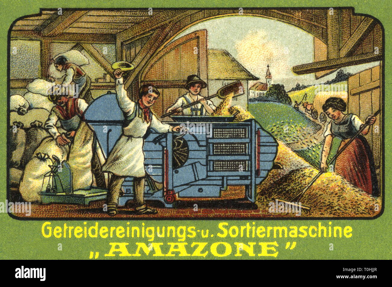 Landwirtschaft, Werbung für landwirtschaftliche Maschinen der Amazonen Werk  Heinrich Dreyer, Arbeiter am Korn Reinigung und-Sorter Amazon, Deutschland,  um 1910, Additional-Rights - Clearance-Info - Not-Available Stockfotografie  - Alamy