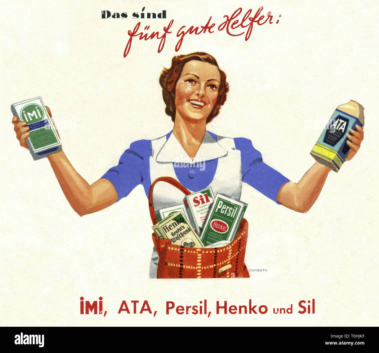 Werbung, Haushalt, Henkel Produkte, Hausfrau mit IMI, ATA, Henko, Sil und Persil, aus dem Merkblatt, Deutschland extrahieren, ca. 1939 Additional-Rights - Clearance-Info - Not-Available Stockfoto