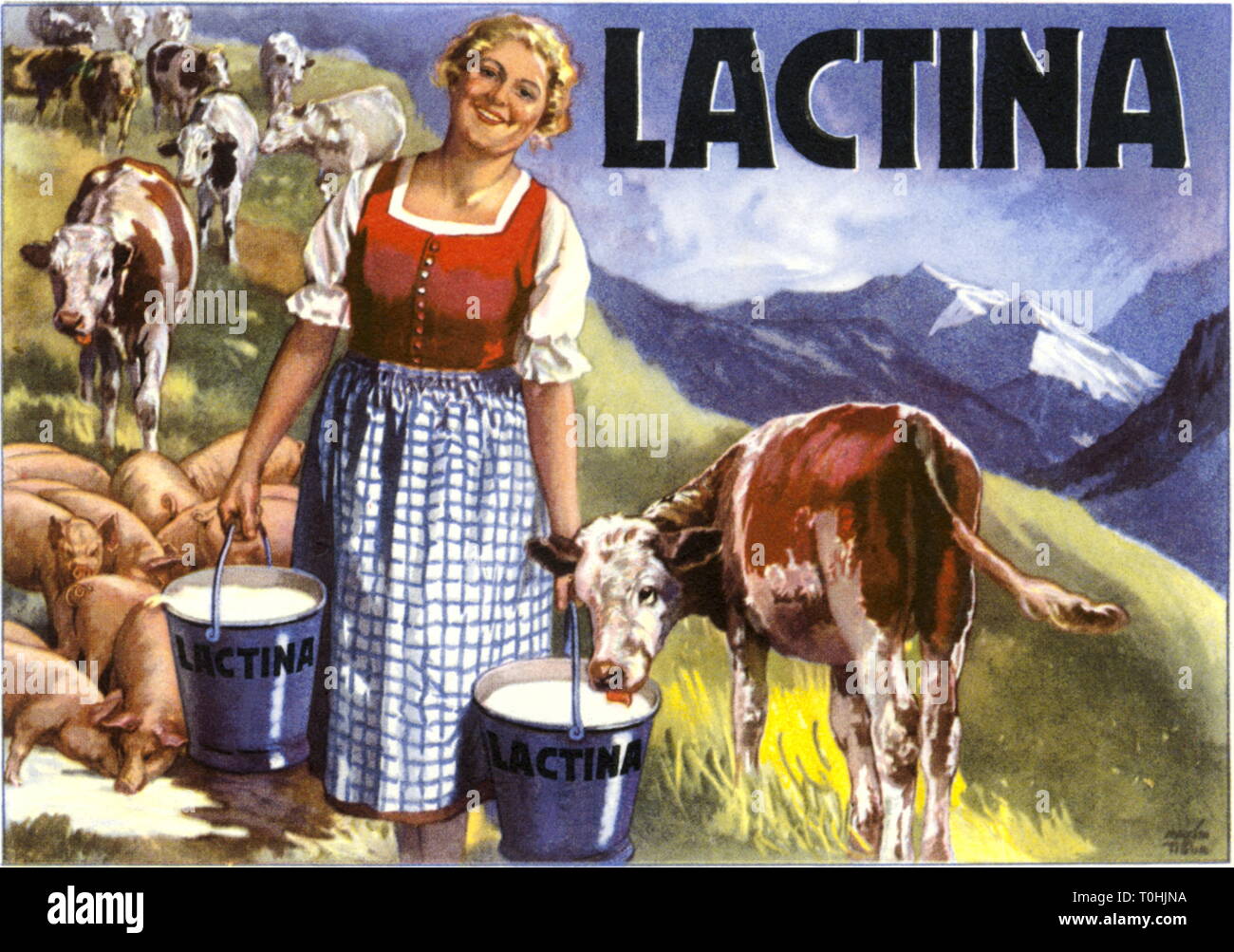 Werbung, Landwirtschaft, Alpine Hirtin auf der Alp, die Lactina Milch Ersatz für die Kühe, pflanzliches Produkt für die jungen Viehzucht, dem Ausgleich der Milch, Schweiz, ca. 1927,- Additional-Rights Clearance-Info - Not-Available Stockfoto