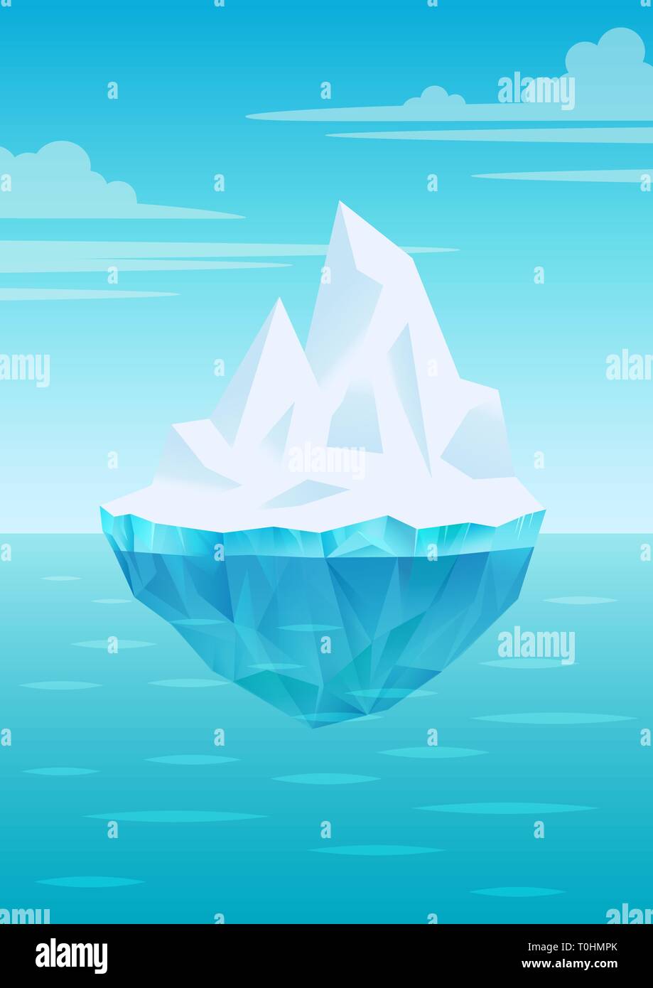 Eisberg auf dem Wasser schwimmend Wellen mit Unterwasser teil, strahlend blauen Himmel mit Wolken, Süßwasser-Eis, Gletscher oder schelfeis Stück, Vektor Stock Vektor