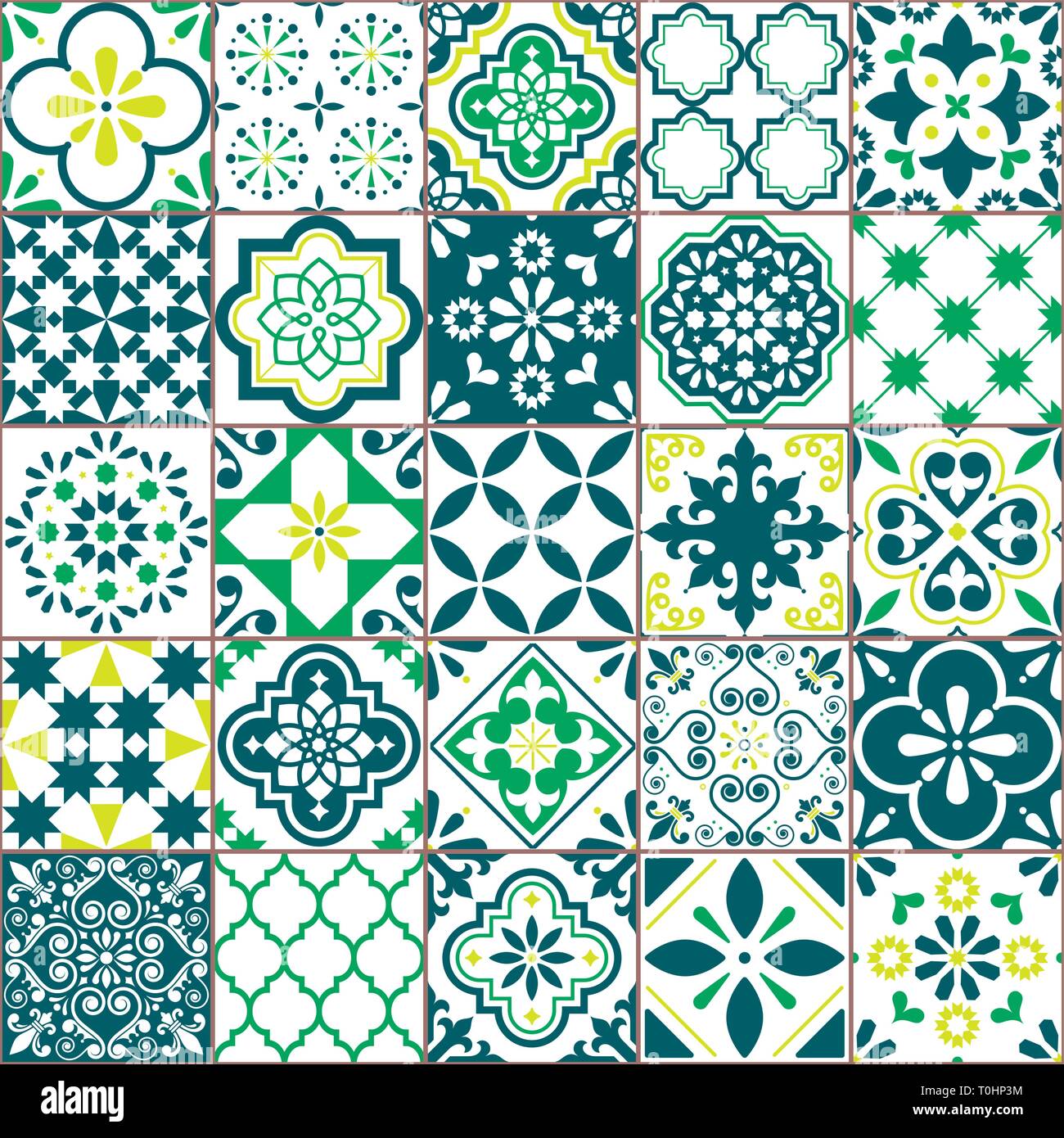Lissabon Azujelo Vektor nahtlose Kacheln Design - Portugiesisch retro Muster in turqouoise und Gelb, Fliese große Sammlung Stock Vektor