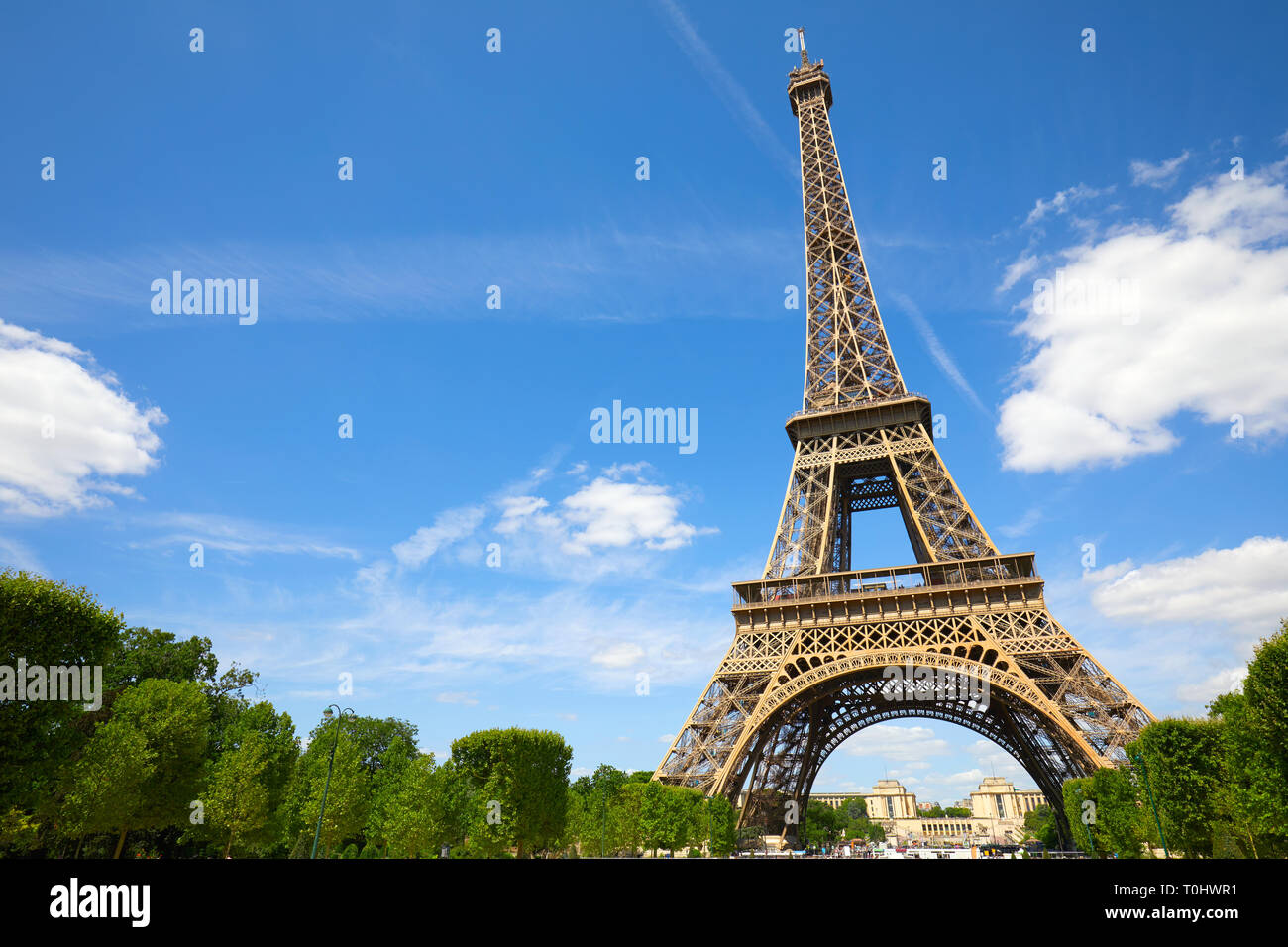 Eiffelturm in Paris an einem sonnigen Sommertag, blauer Himmel und grünen Bäumen, Stockfoto