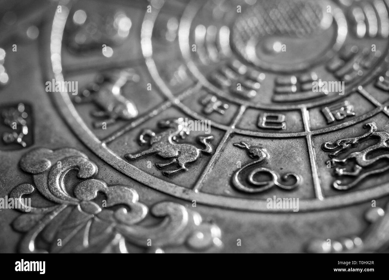 Makrofotografie eines chinesischen Silbermünze mit dem tradicional Horoskop. Stockfoto