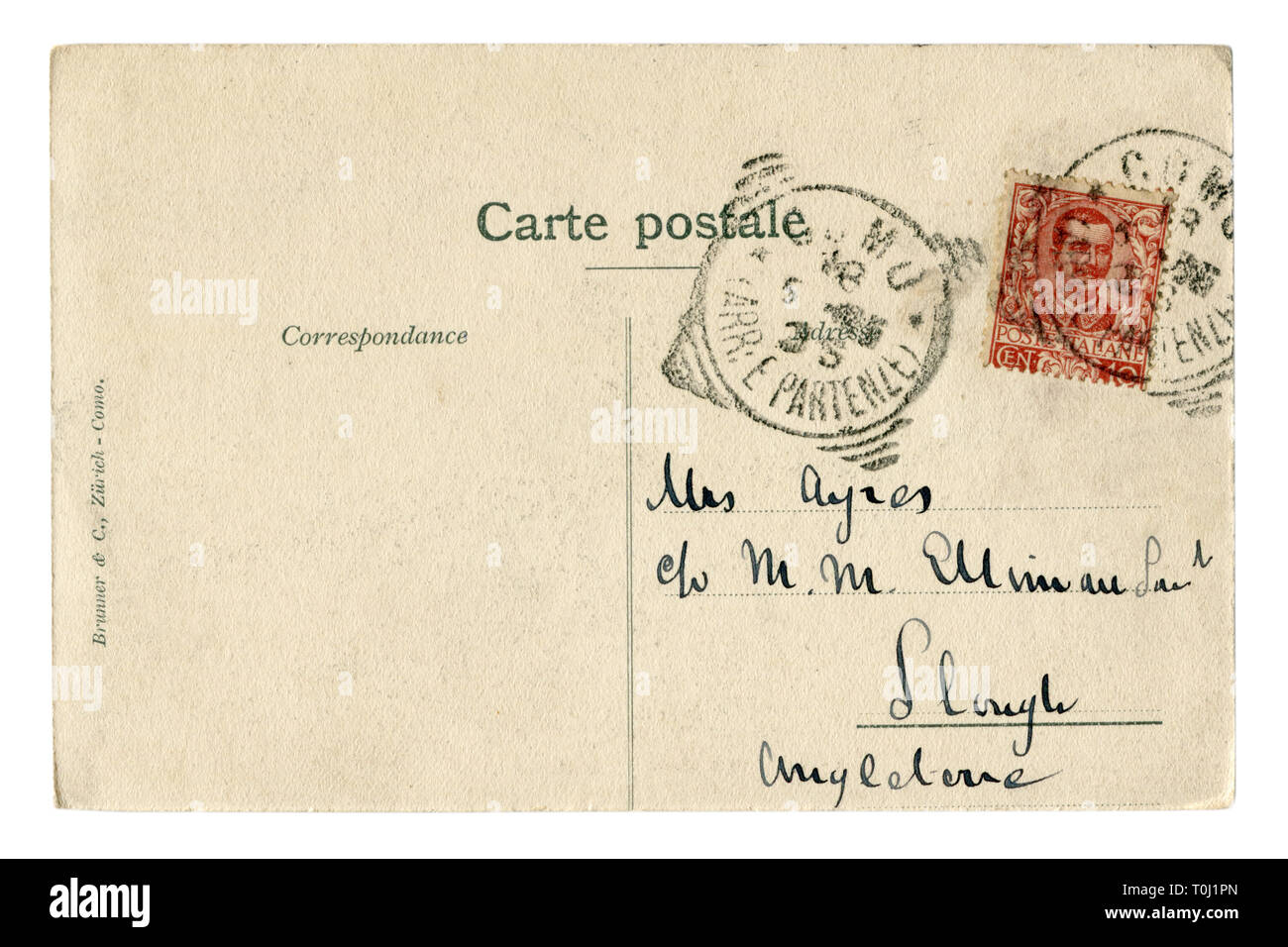 Zurück der historischen französischen Postkarte (T0 J1 PJ): Brief mit einem roten italienischen Briefmarke mit dem Porträt von König Victor Emmanuel III., Stornierung Stockfoto