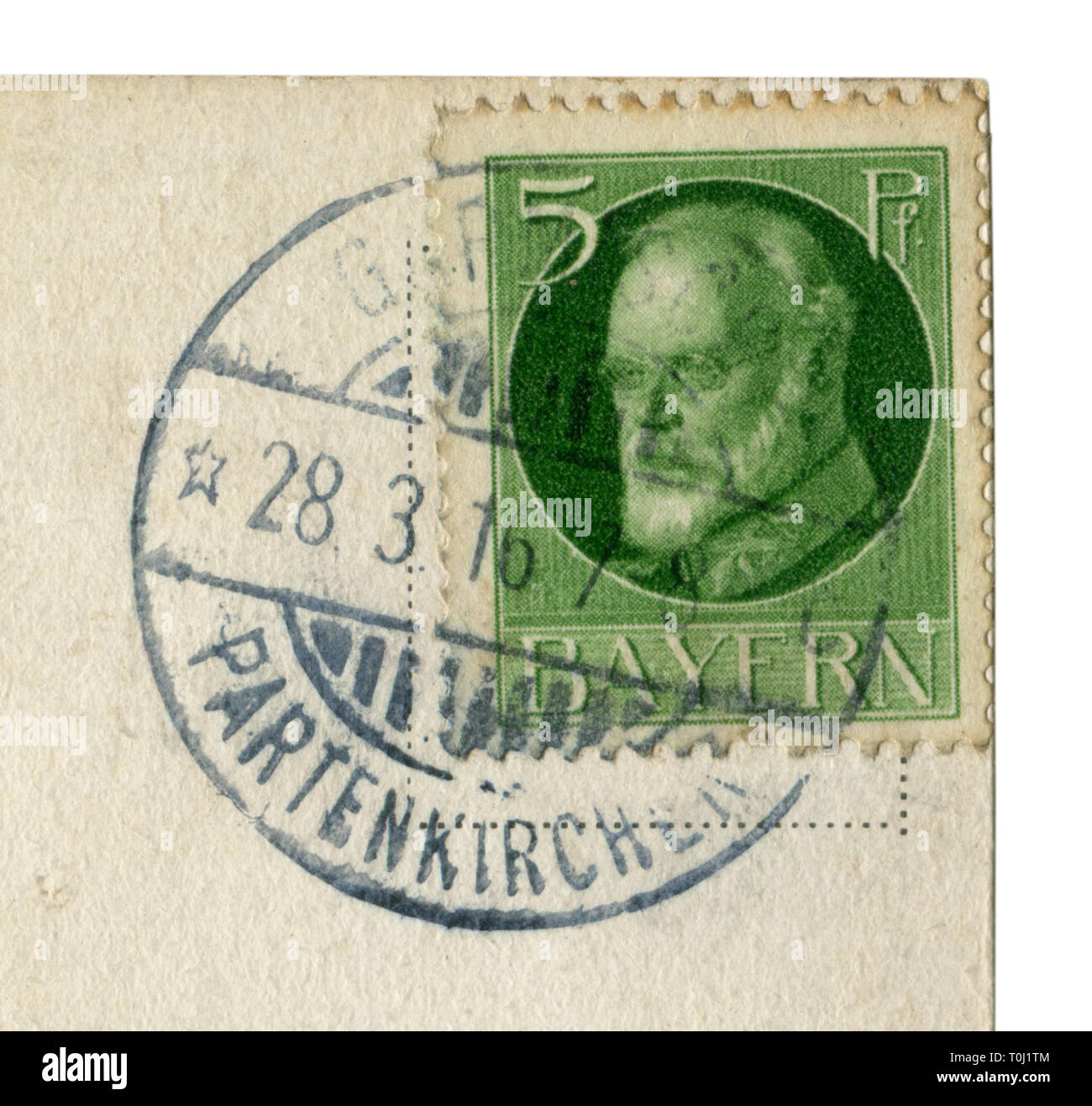 Bavarian-German historische Stempel: Der letzte bayerische König Ludwig III. am 28. März 1916, Garmisch-Partenkirchen, Weltkrieg, Deutschland, Deutsches Reich Stockfoto
