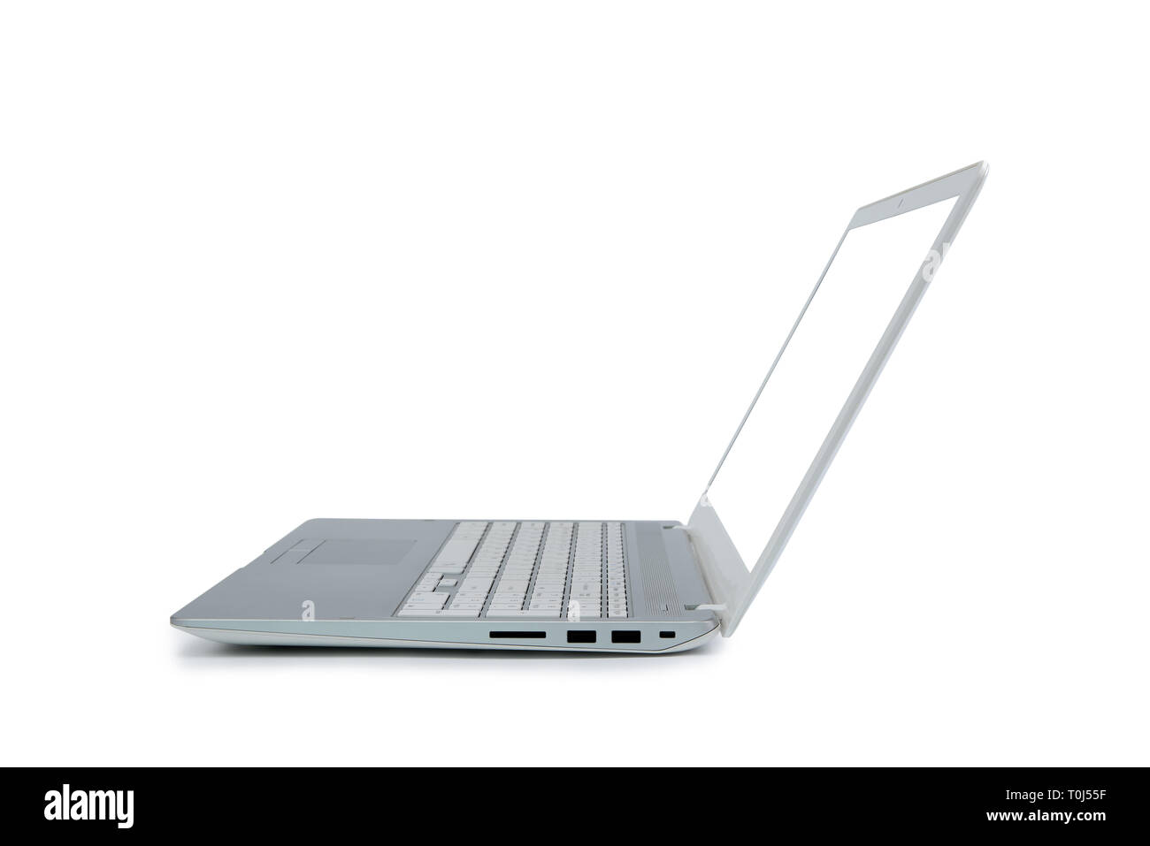 Isoliert Laptop mit leeren Raum auf weißem Hintergrund. Stockfoto