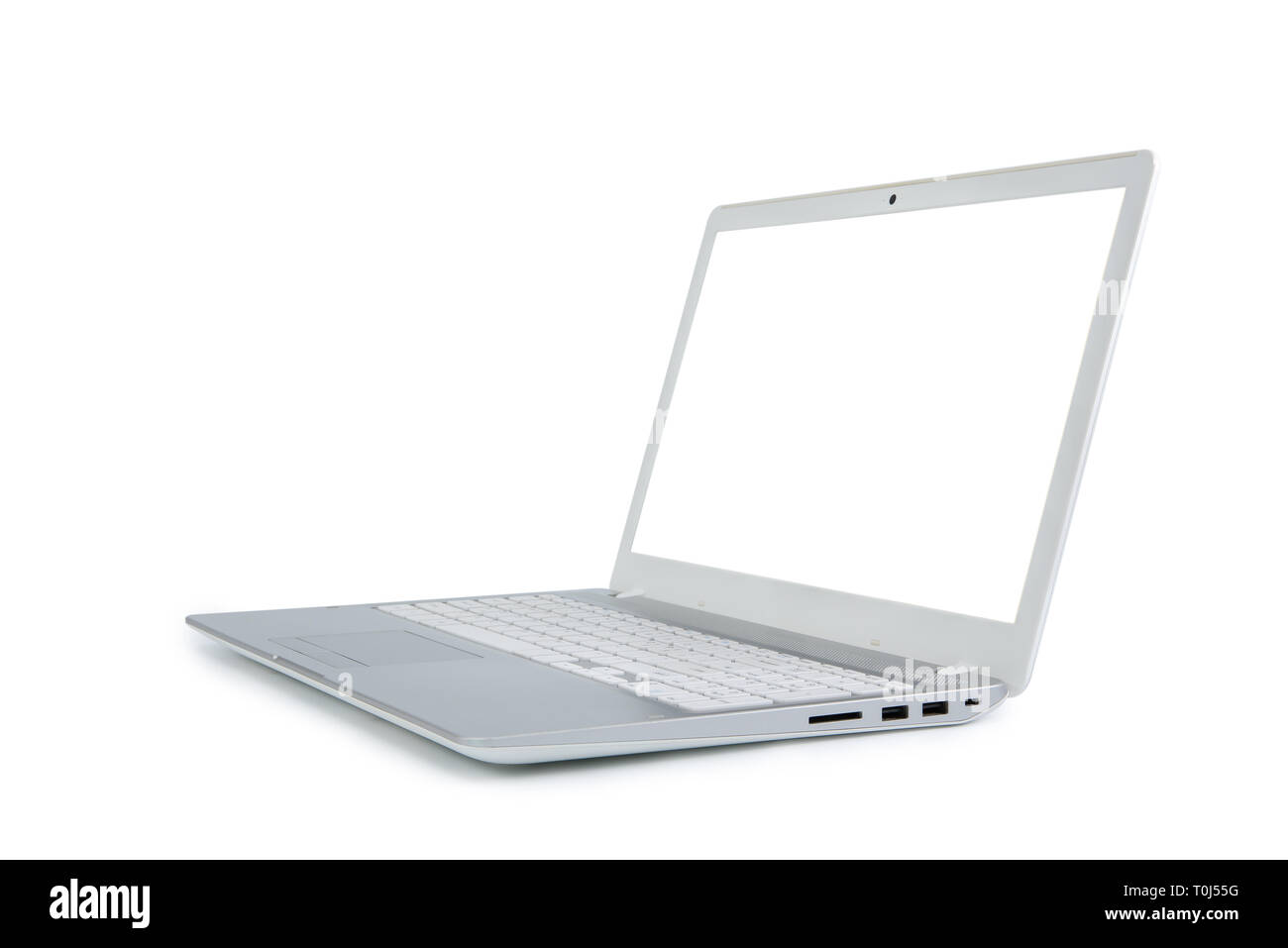 Isoliert Laptop mit leeren Raum auf weißem Hintergrund. Stockfoto