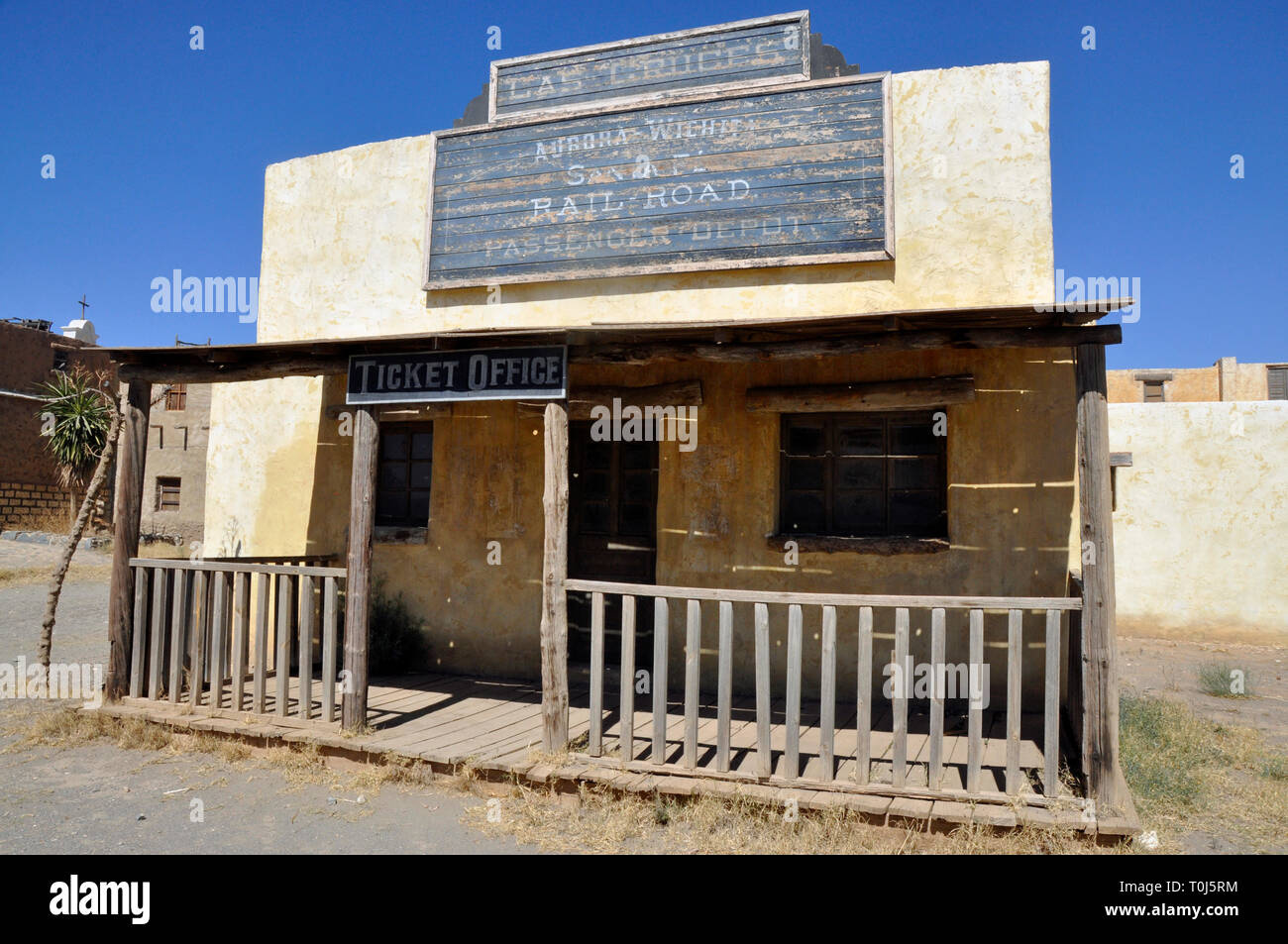 Die Eisenbahn Büro am Fort Bravo Western-style Theme Park in der Nähe von Tabernas, Almeria, Spanien früher ein Film für zahlreiche Hollywood-Filme. Stockfoto