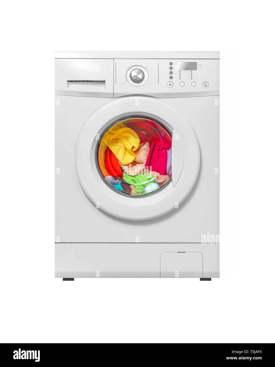 Waschmaschine mit Farbe Wäsche zum Waschen geladen. Stockfoto