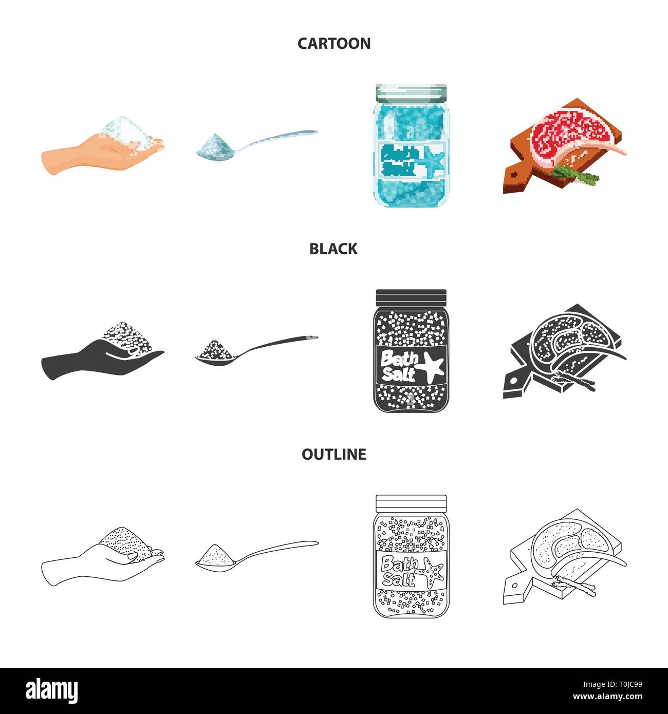 Arm, Löffel, Flaschen, Fleisch, Handvoll, salzig, Board,, Bath, Spa, Restaurant, Gewürze, Vintage, Streuen, Pulver, weiß, Mehl, sauber, Picknick, kochen, Meer, Natur, Backen, Salz, Nahrungsmittel-, Natrium-, Mineral, Raw, Küche, Set, Vector, Icon, Illustration, isoliert, Sammlung, Design, Element, Grafik, Zeichen, Vektor, Vektoren, Stock Vektor