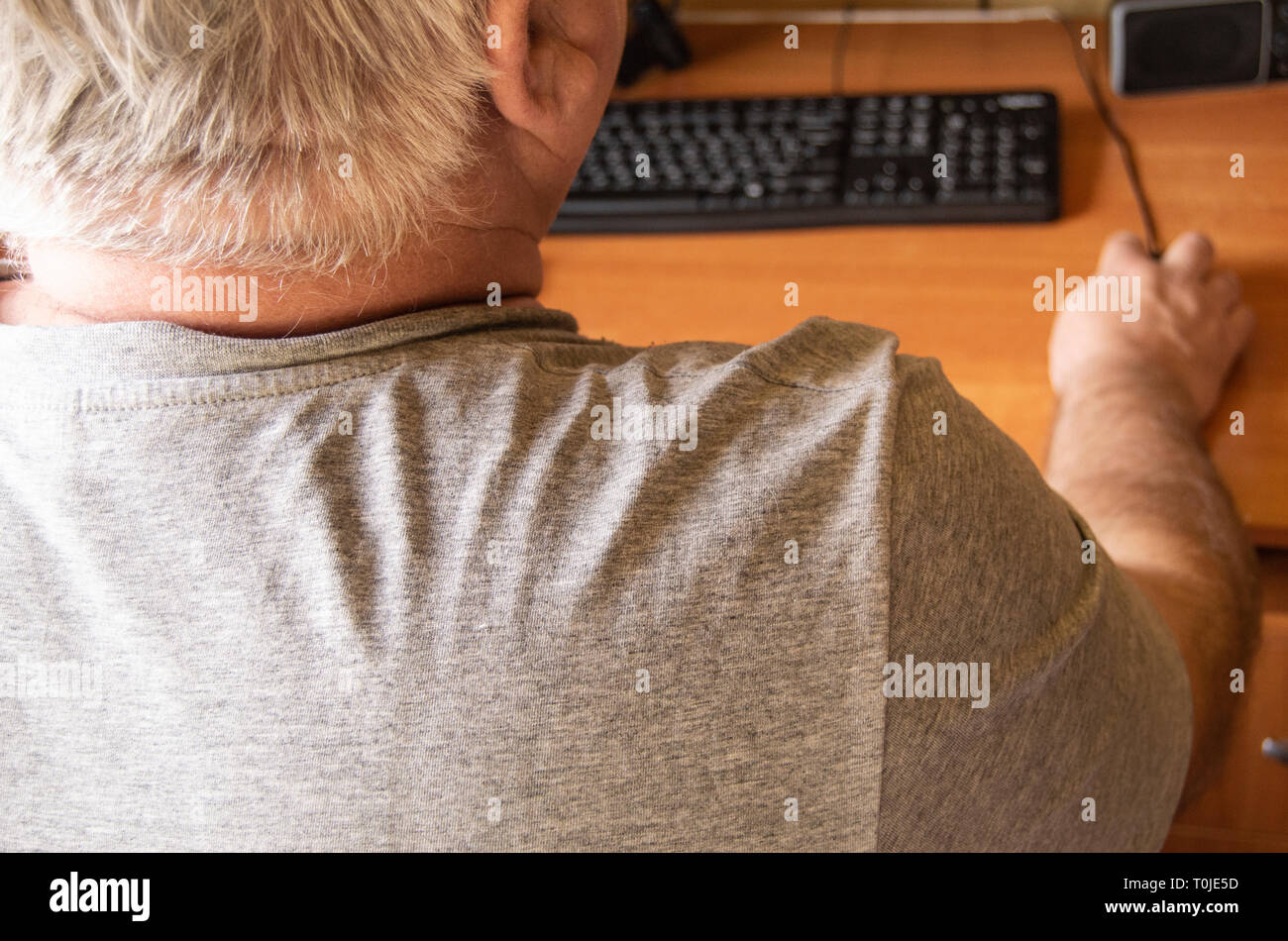 Ein älterer grauhaariger Mann nutzt einen Computer Maus, Arbeit zu Hause für Menschen mit Behinderung, Ausbildung Rentner auf einem PC zu arbeiten, ein Blick auf die Rückseite. Stockfoto